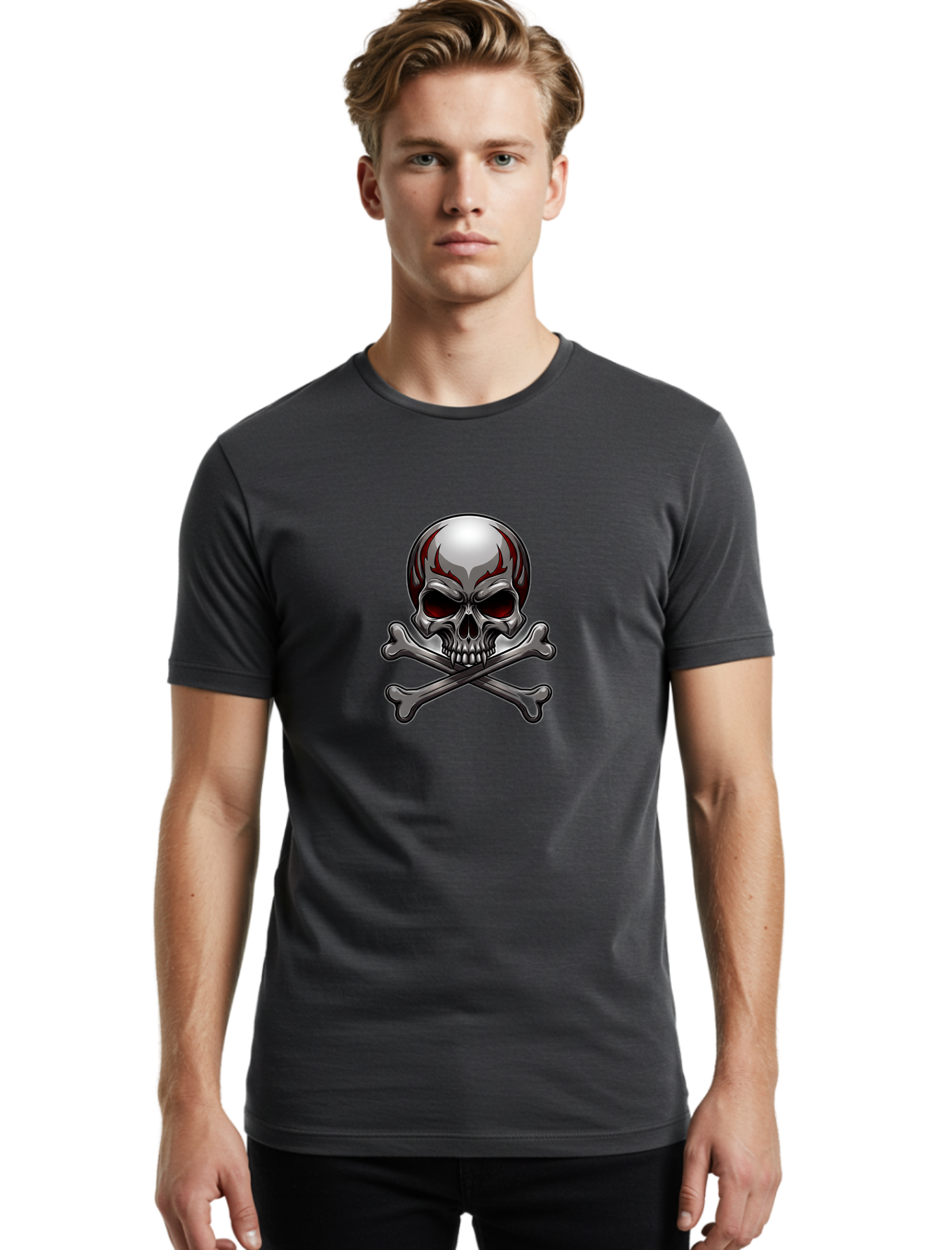Metal-Skull Men'S Graphic Tee, 100% Cotton, Comfortable Casual Summer Wear, Machine Washable, Skull And Crossbones, Silver Skull, Red Flames, Danger Symbol, Warning Sign, Halloween Theme, Gothic Design, Bold Graphics, Edgy Art Bae230