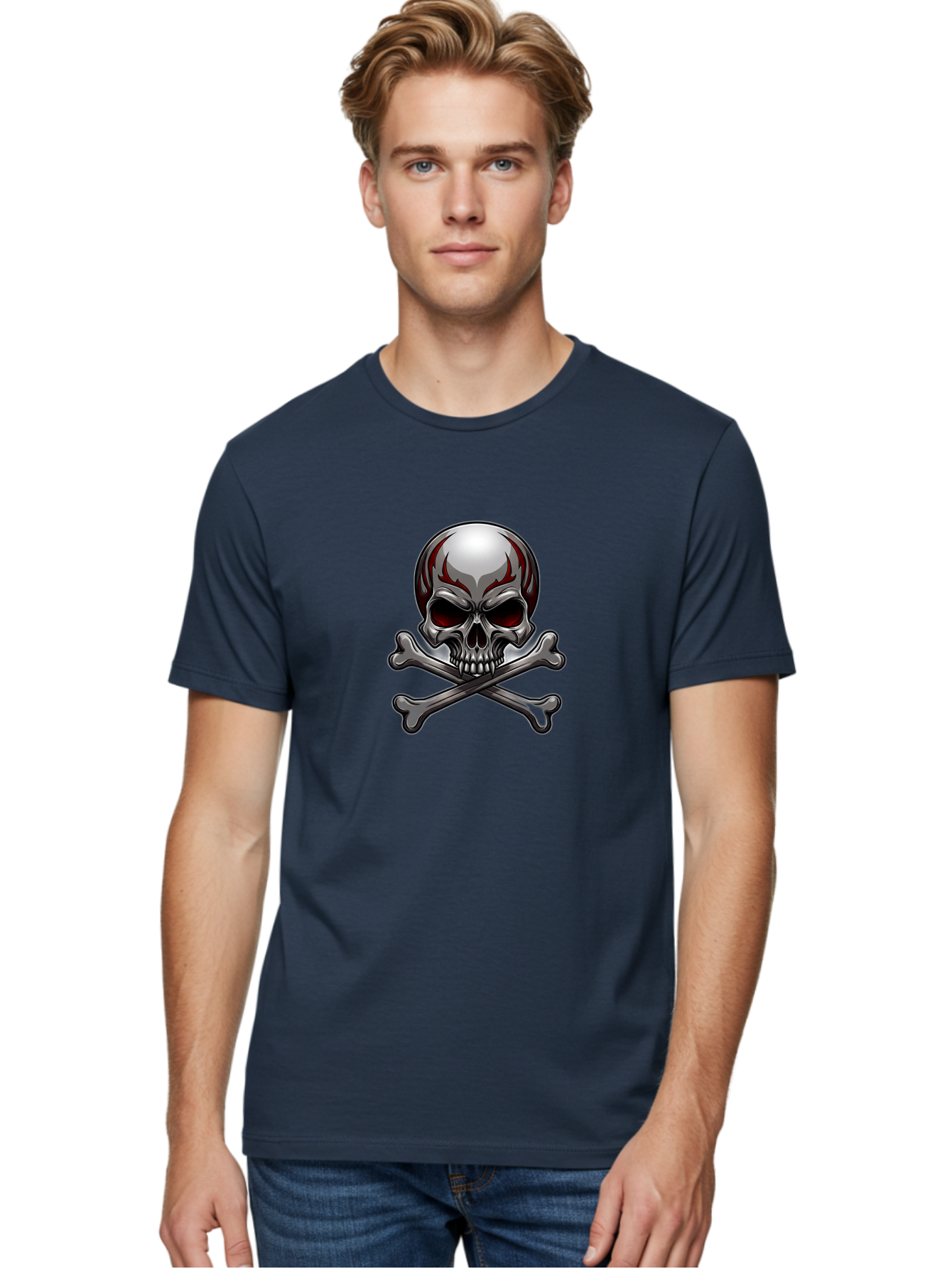 Metal-Skull Men'S Graphic Tee, 100% Cotton, Comfortable Casual Summer Wear, Machine Washable, Skull And Crossbones, Silver Skull, Red Flames, Danger Symbol, Warning Sign, Halloween Theme, Gothic Design, Bold Graphics, Edgy Art Bae230