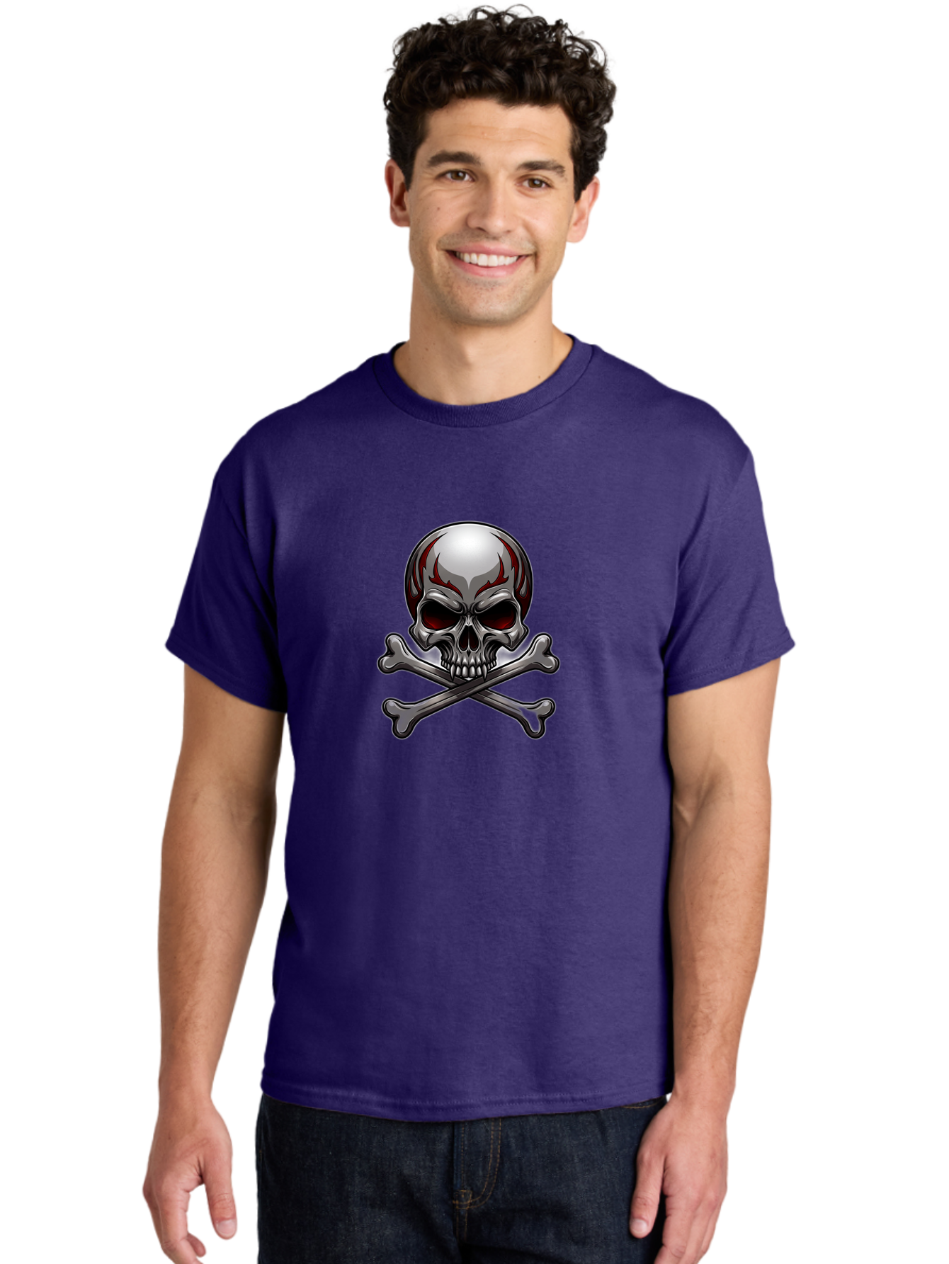 Metal-Skull Men'S Graphic Tee, 100% Cotton, Comfortable Casual Summer Wear, Machine Washable, Skull And Crossbones, Silver Skull, Red Flames, Danger Symbol, Warning Sign, Halloween Theme, Gothic Design, Bold Graphics, Edgy Art Bae230
