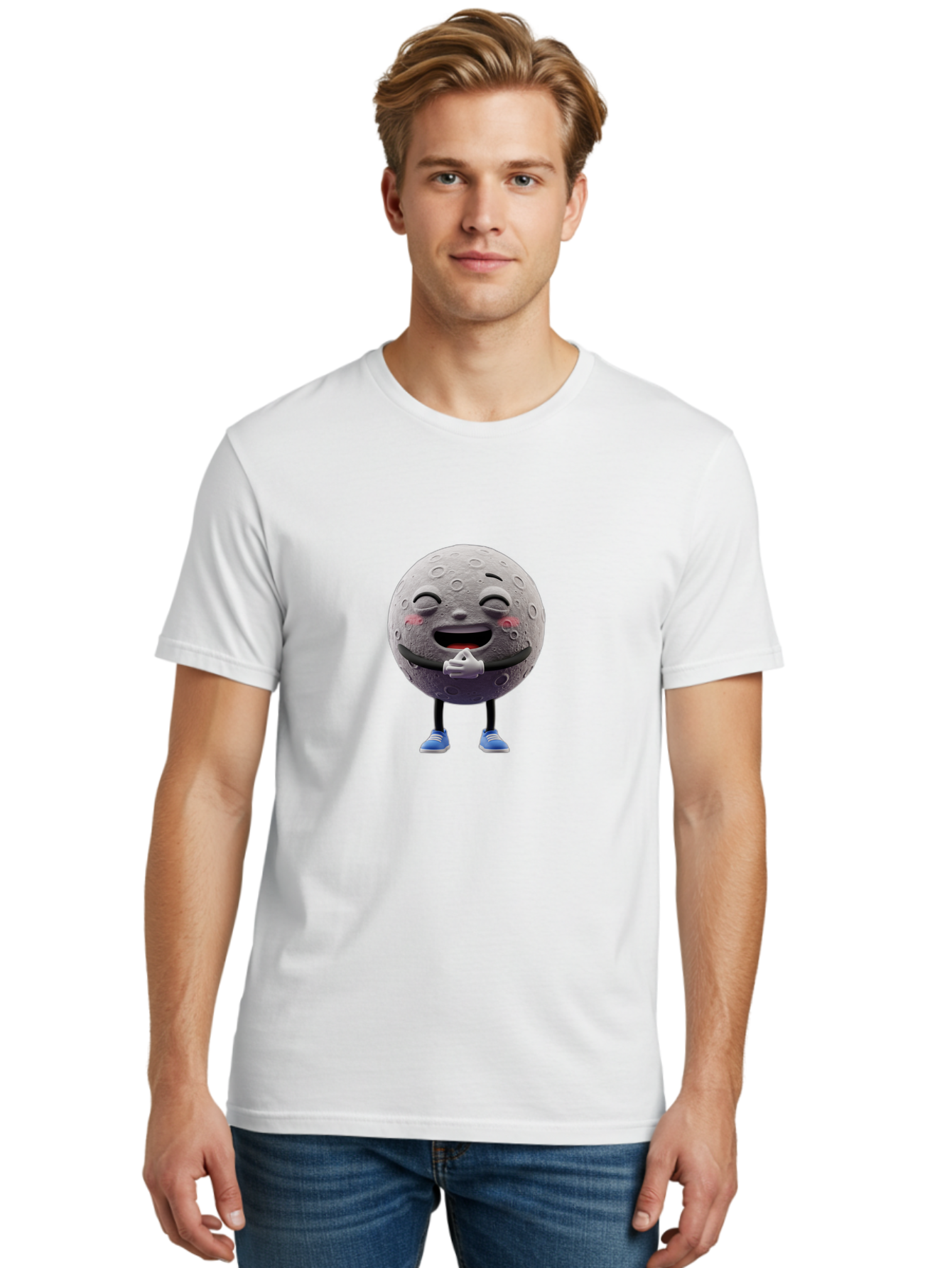 Moon-Character Men'S Graphic Tee, 100% Cotton, Comfortable Casual Summer Wear, Machine Washable, Cartoon Moon With Face, Smiling Moon Character, Moon With Legs, Blue Sneakers, Craters On Moon, Happy Expression, Anthropomorphic Moon, Bae231