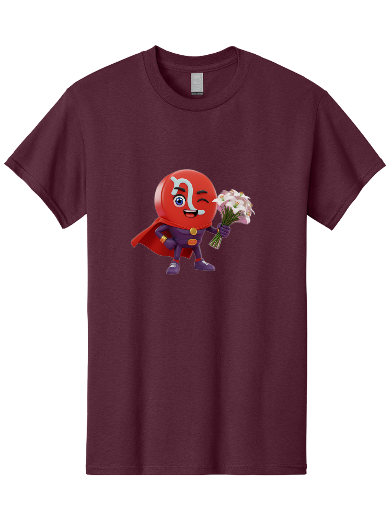 N-Capsule Men'S Graphic Tee, 100% Cotton, Comfortable Casual Summer Wear, Machine Washable, Momo Character, Cartoon Style, Happy Expression, Holding Flowers, Superhero Costume, Cape, Purple Outfit, Red Mask, Cute Face, Playful Vibe, Bae233