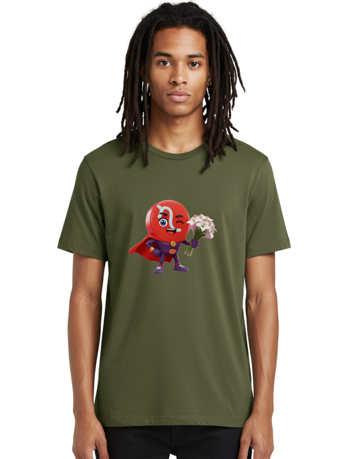 N-Capsule Men'S Graphic Tee, 100% Cotton, Comfortable Casual Summer Wear, Machine Washable, Momo Character, Cartoon Style, Happy Expression, Holding Flowers, Superhero Costume, Cape, Purple Outfit, Red Mask, Cute Face, Playful Vibe, Bae233