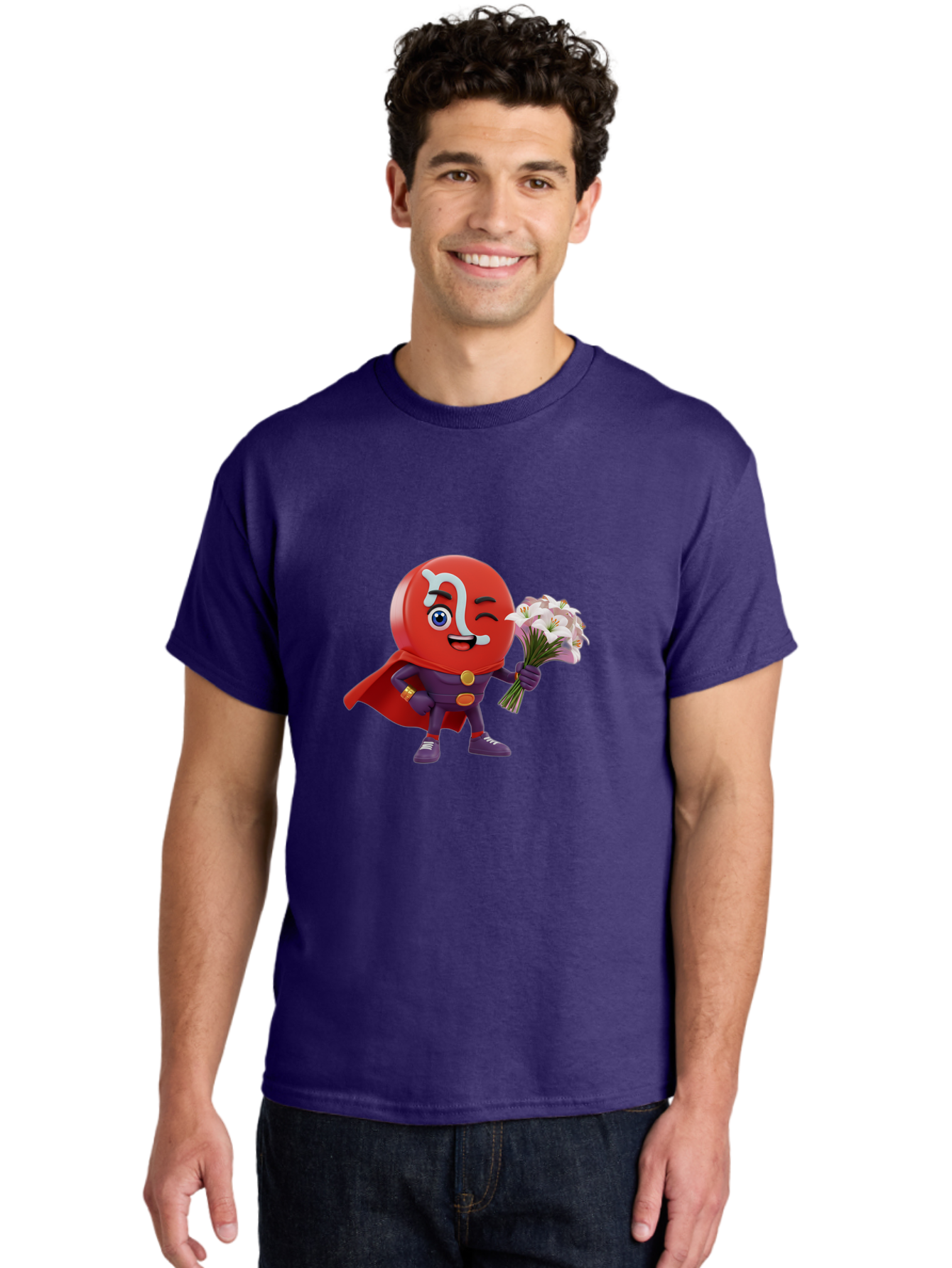 N-Capsule Men'S Graphic Tee, 100% Cotton, Comfortable Casual Summer Wear, Machine Washable, Momo Character, Cartoon Style, Happy Expression, Holding Flowers, Superhero Costume, Cape, Purple Outfit, Red Mask, Cute Face, Playful Vibe, Bae233