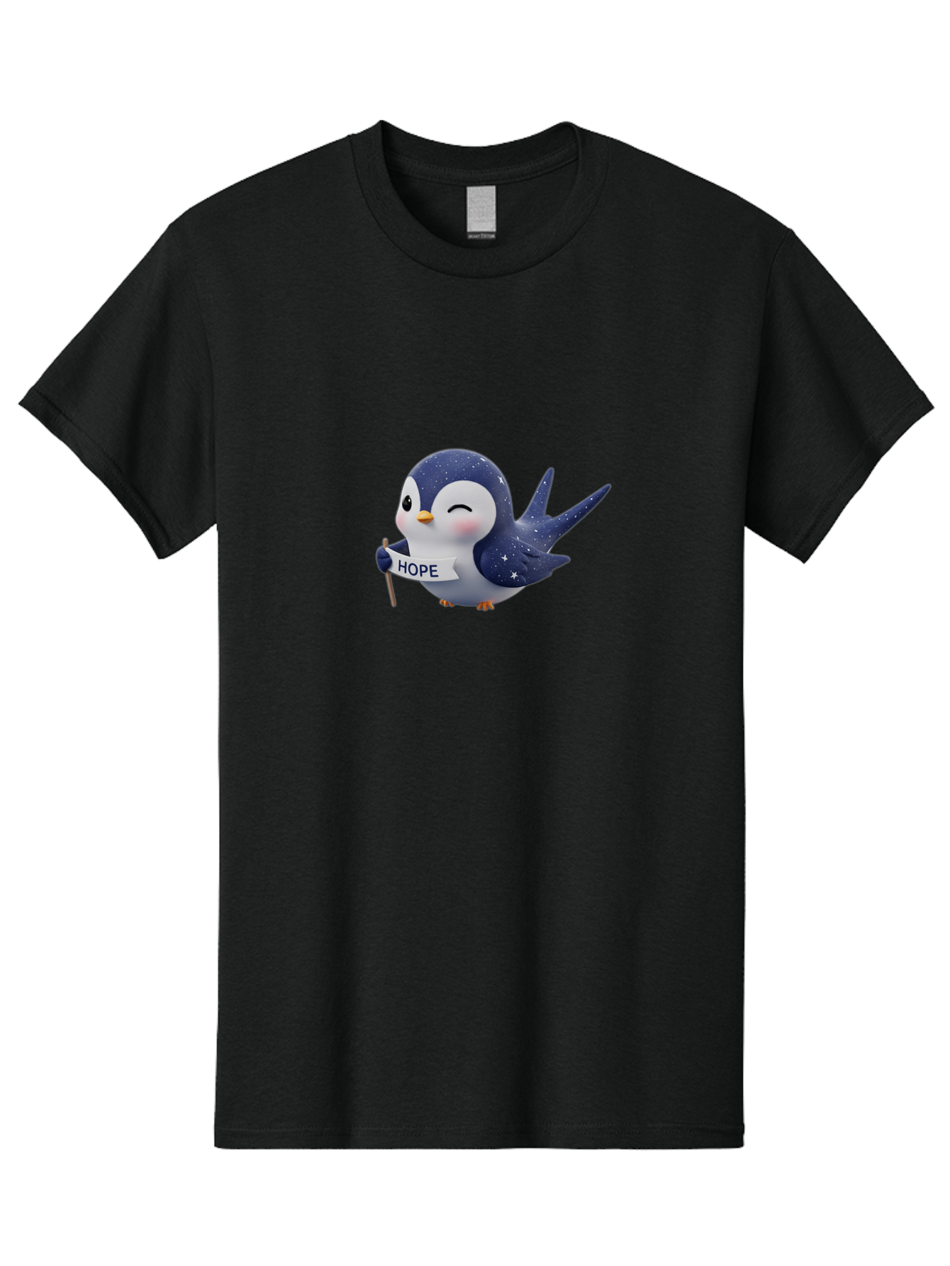 Penguin-With-Hope-Sign Men'S Graphic Tee, 100% Cotton, Comfortable Casual Summer Wear, Machine Washable, Cartoon Penguin, Starry Night Sky, Inspirational Message, Hope Symbol, Cute Animal, Positivity, Peaceful Atmosphere, Closed Eyes, Bae234