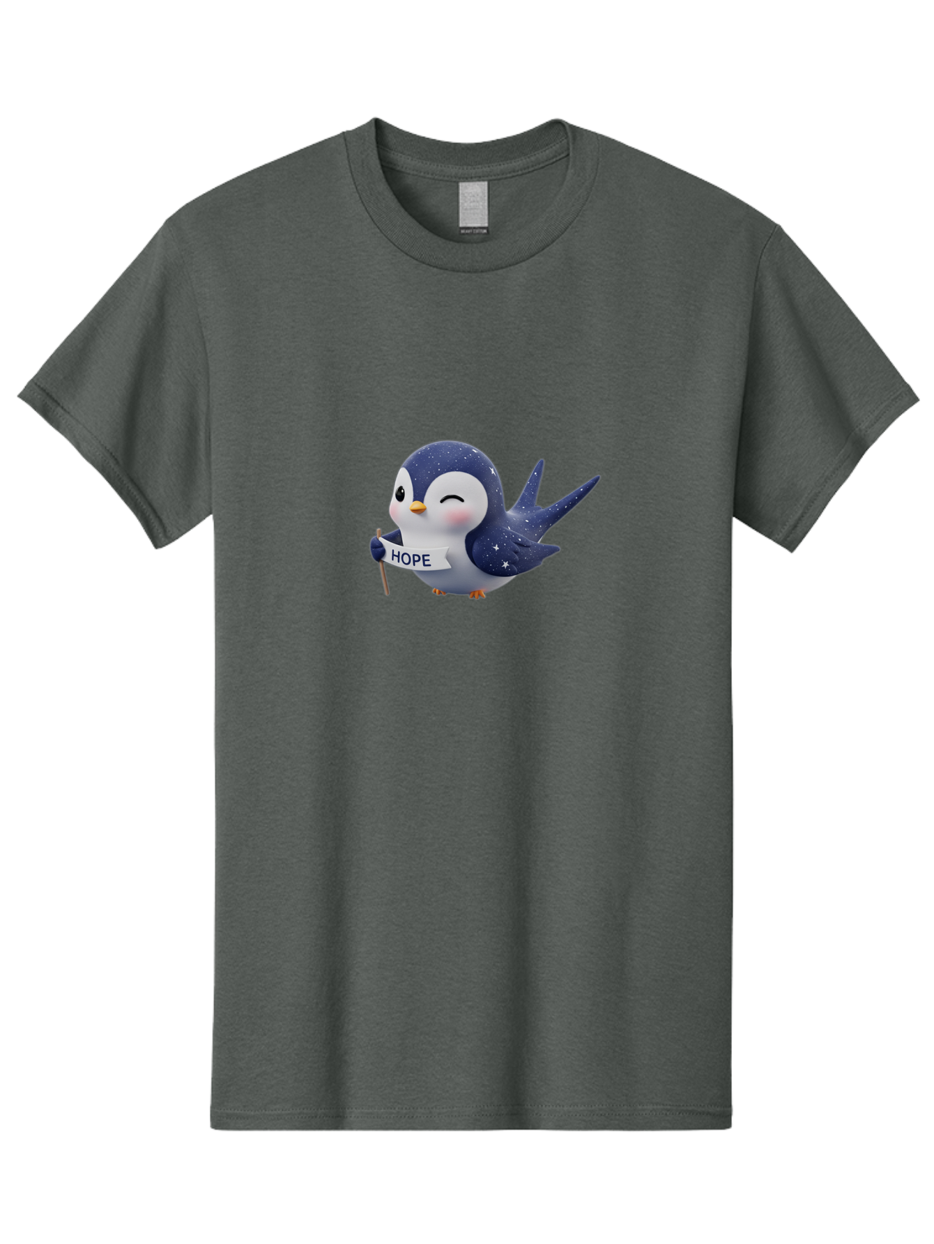 Penguin-With-Hope-Sign Men'S Graphic Tee, 100% Cotton, Comfortable Casual Summer Wear, Machine Washable, Cartoon Penguin, Starry Night Sky, Inspirational Message, Hope Symbol, Cute Animal, Positivity, Peaceful Atmosphere, Closed Eyes, Bae234