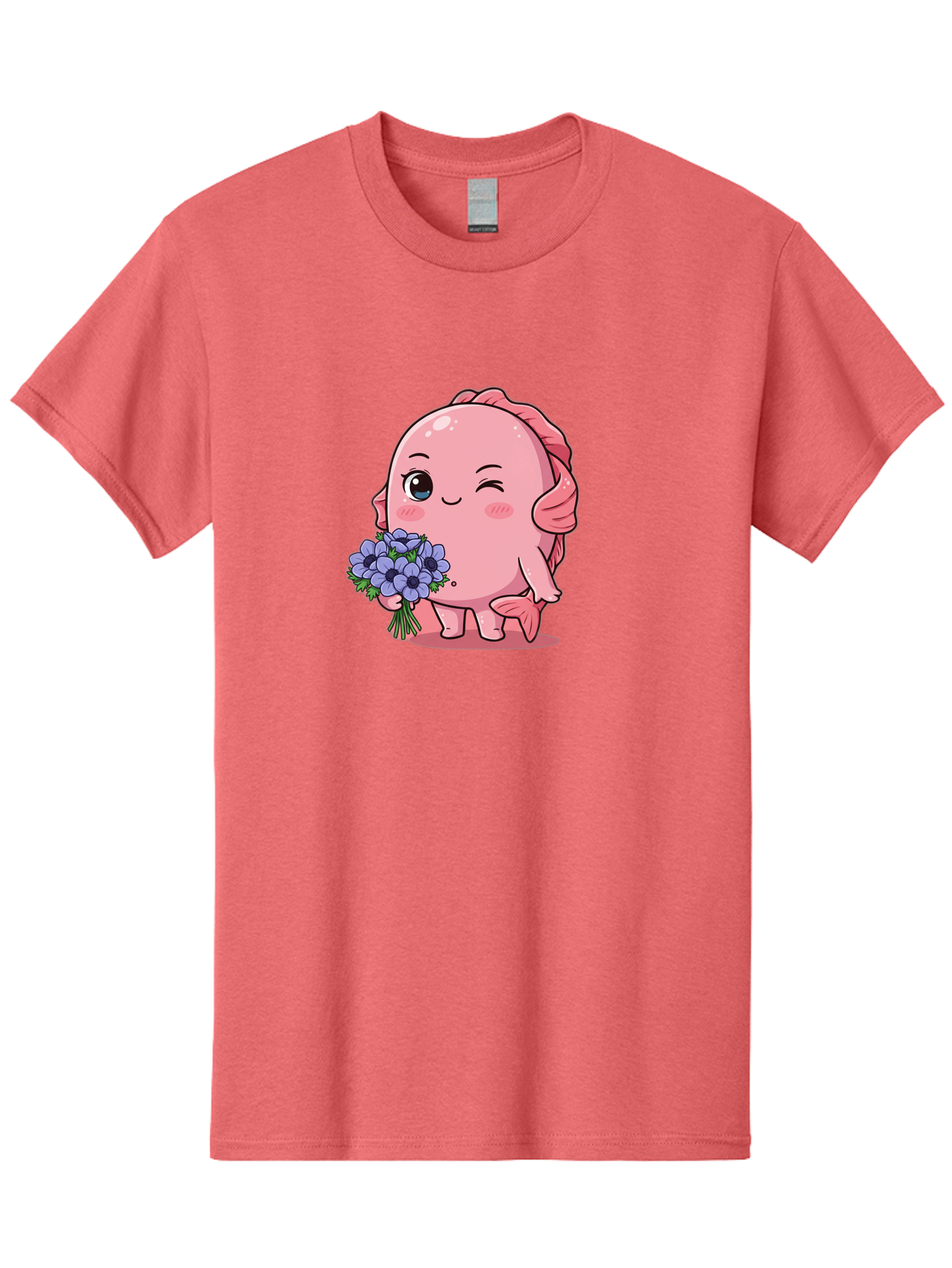 Pink-Axolotl Men'S Graphic Tee, 100% Cotton, Comfortable Casual Summer Wear, Machine Washable, Cartoon Axolotl, Pink Creature, Smiling Animal, Holding Flowers, Blue Blooms, Kawaii Character, Cute Illustration, Adorable Amphibian, Whimsical Art Bae235