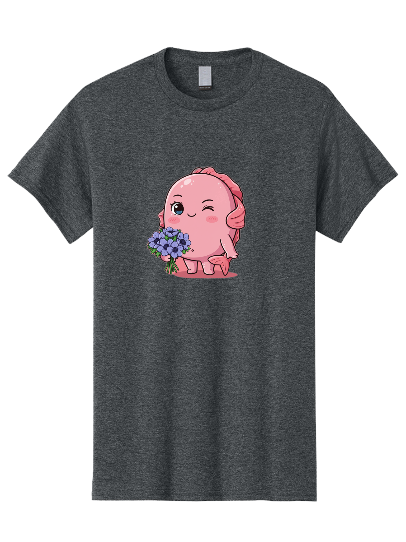 Pink-Axolotl Men'S Graphic Tee, 100% Cotton, Comfortable Casual Summer Wear, Machine Washable, Cartoon Axolotl, Pink Creature, Smiling Animal, Holding Flowers, Blue Blooms, Kawaii Character, Cute Illustration, Adorable Amphibian, Whimsical Art Bae235