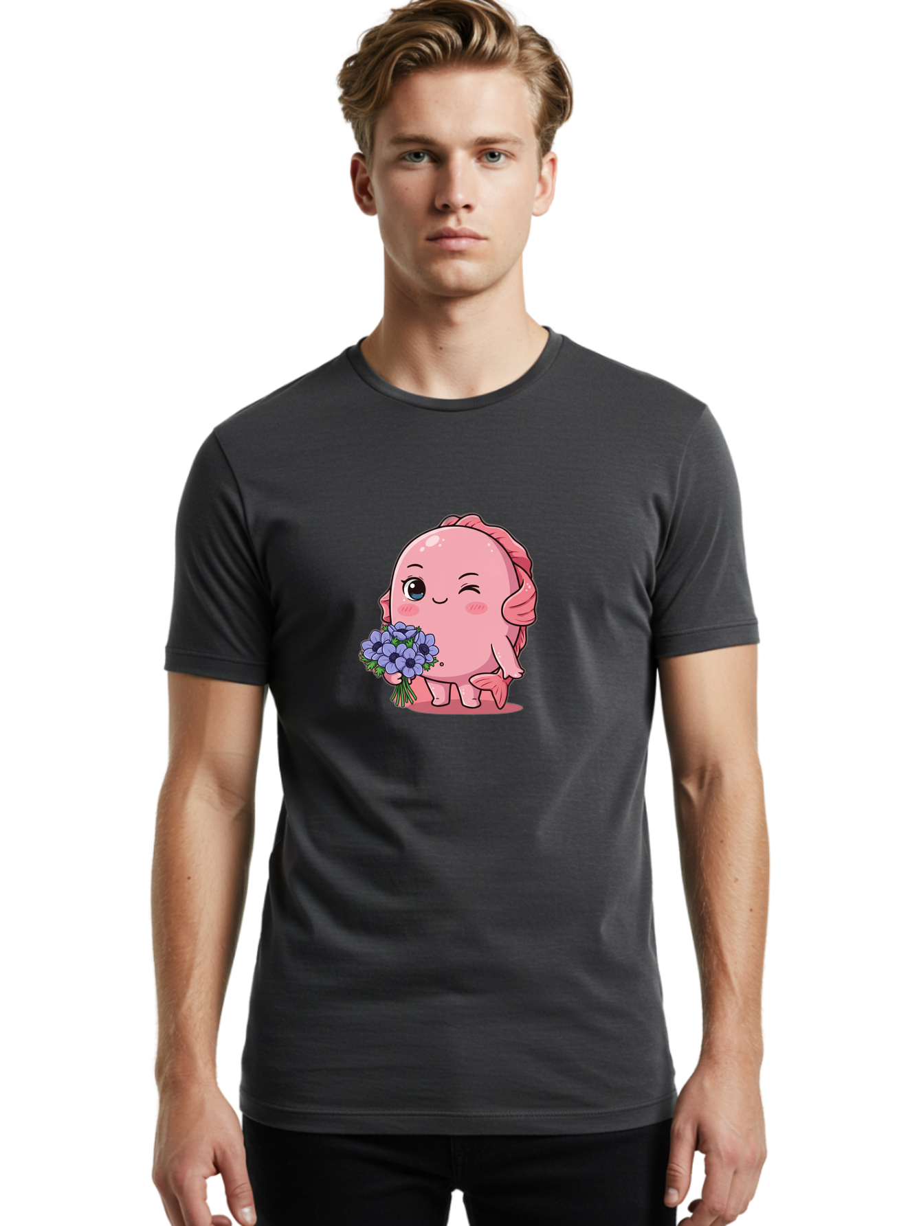 Pink-Axolotl Men'S Graphic Tee, 100% Cotton, Comfortable Casual Summer Wear, Machine Washable, Cartoon Axolotl, Pink Creature, Smiling Animal, Holding Flowers, Blue Blooms, Kawaii Character, Cute Illustration, Adorable Amphibian, Whimsical Art Bae235