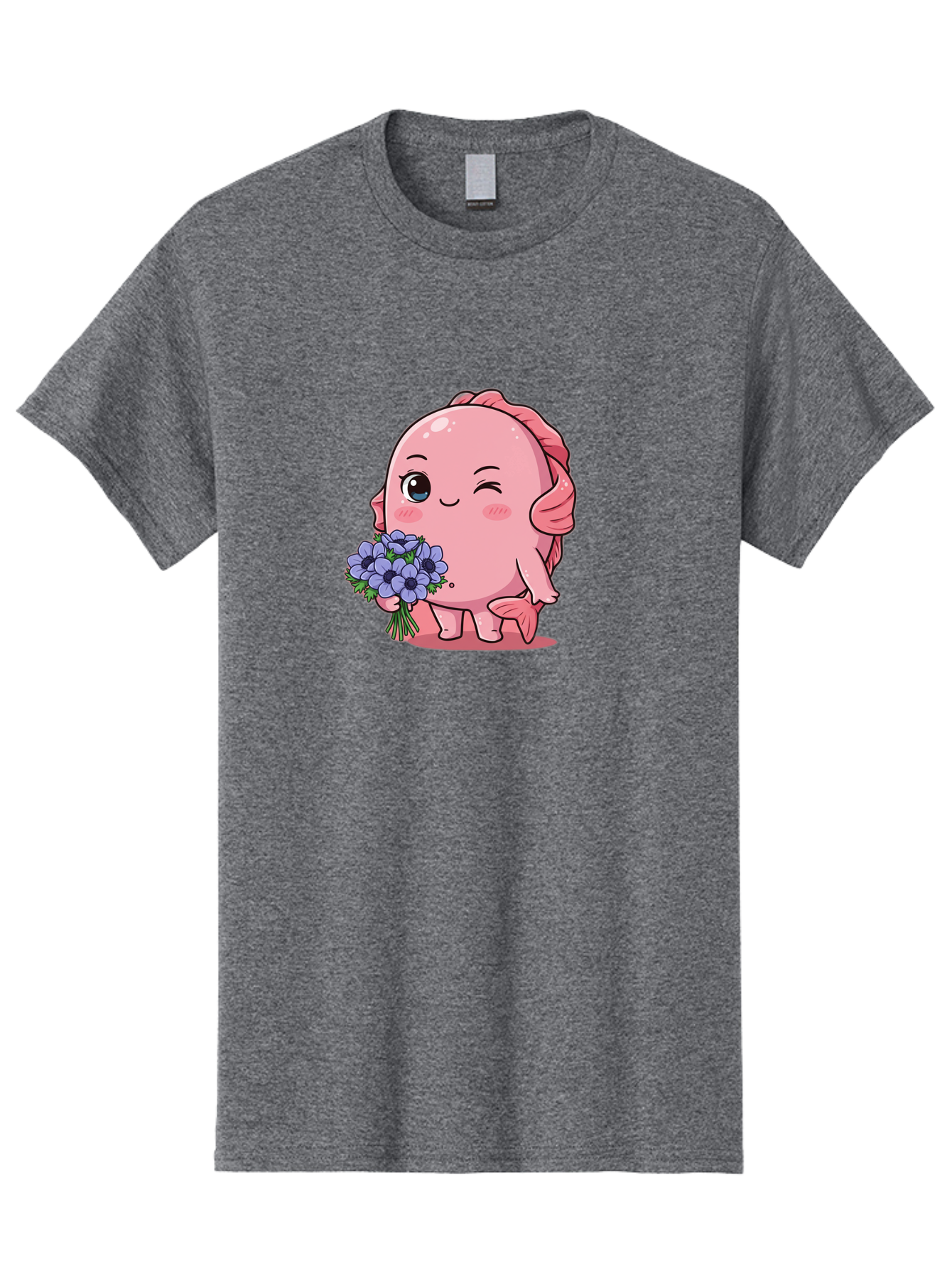 Pink-Axolotl Men'S Graphic Tee, 100% Cotton, Comfortable Casual Summer Wear, Machine Washable, Cartoon Axolotl, Pink Creature, Smiling Animal, Holding Flowers, Blue Blooms, Kawaii Character, Cute Illustration, Adorable Amphibian, Whimsical Art Bae235
