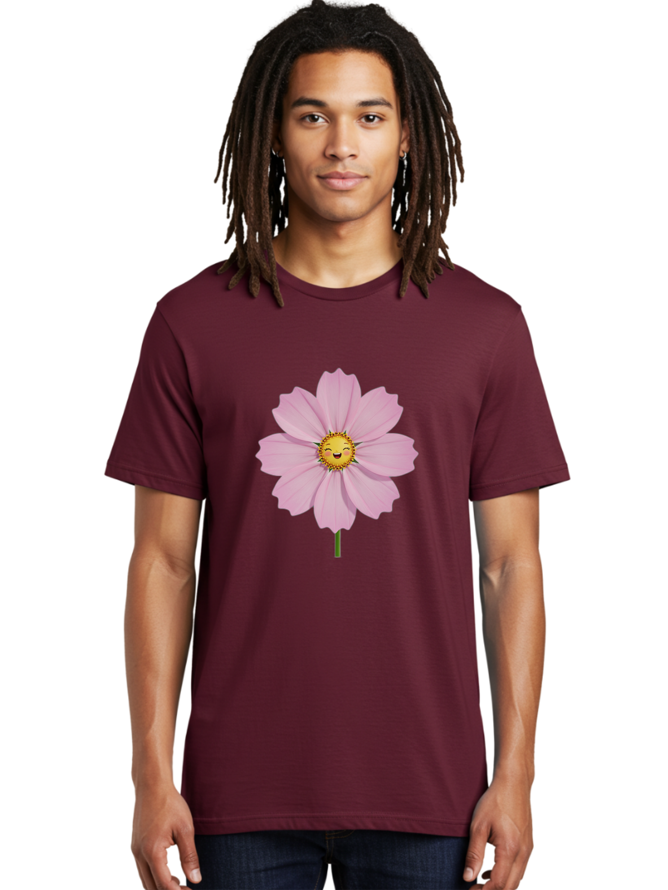 Pink-Flower-Emoji Men'S Graphic Tee, 100% Cotton, Comfortable Casual Summer Wear, Machine Washable, Pink Cosmos Flower, Cartoon Style, Smiling Face, Happy Emoji, Floral Illustration, Cute Design, Flower Graphics, Digital Art, Flower Emoji Bae236