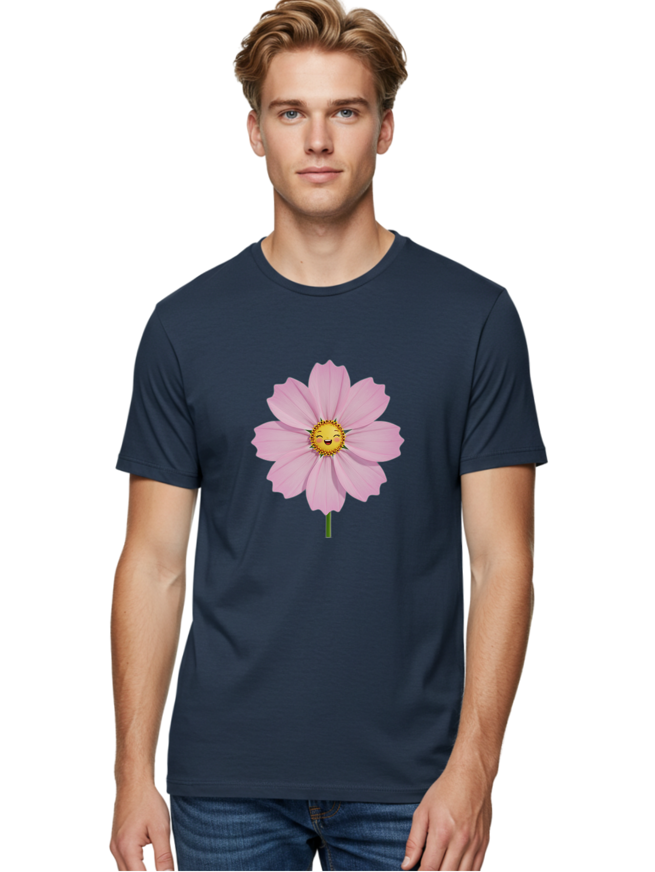 Pink-Flower-Emoji Men'S Graphic Tee, 100% Cotton, Comfortable Casual Summer Wear, Machine Washable, Pink Cosmos Flower, Cartoon Style, Smiling Face, Happy Emoji, Floral Illustration, Cute Design, Flower Graphics, Digital Art, Flower Emoji Bae236