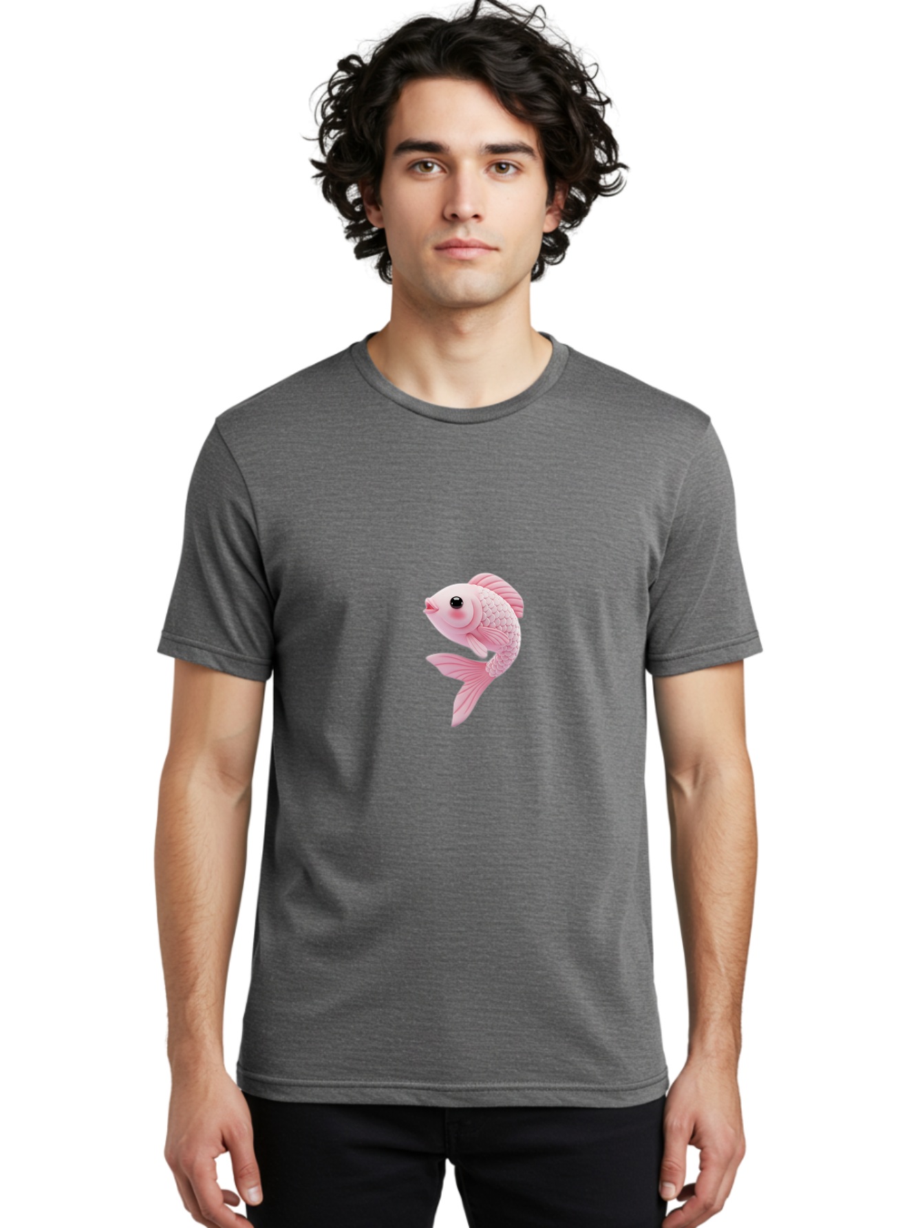 Pink-Goldfish Men'S Graphic Tee, 100% Cotton, Comfortable Casual Summer Wear, Machine Washable, Pink Fish, Cartoon Style, Kawaii Character, Toy-Like Appearance, Playful Design, Aquatic Theme, Cute Expression, Isolated Graphic Bae237