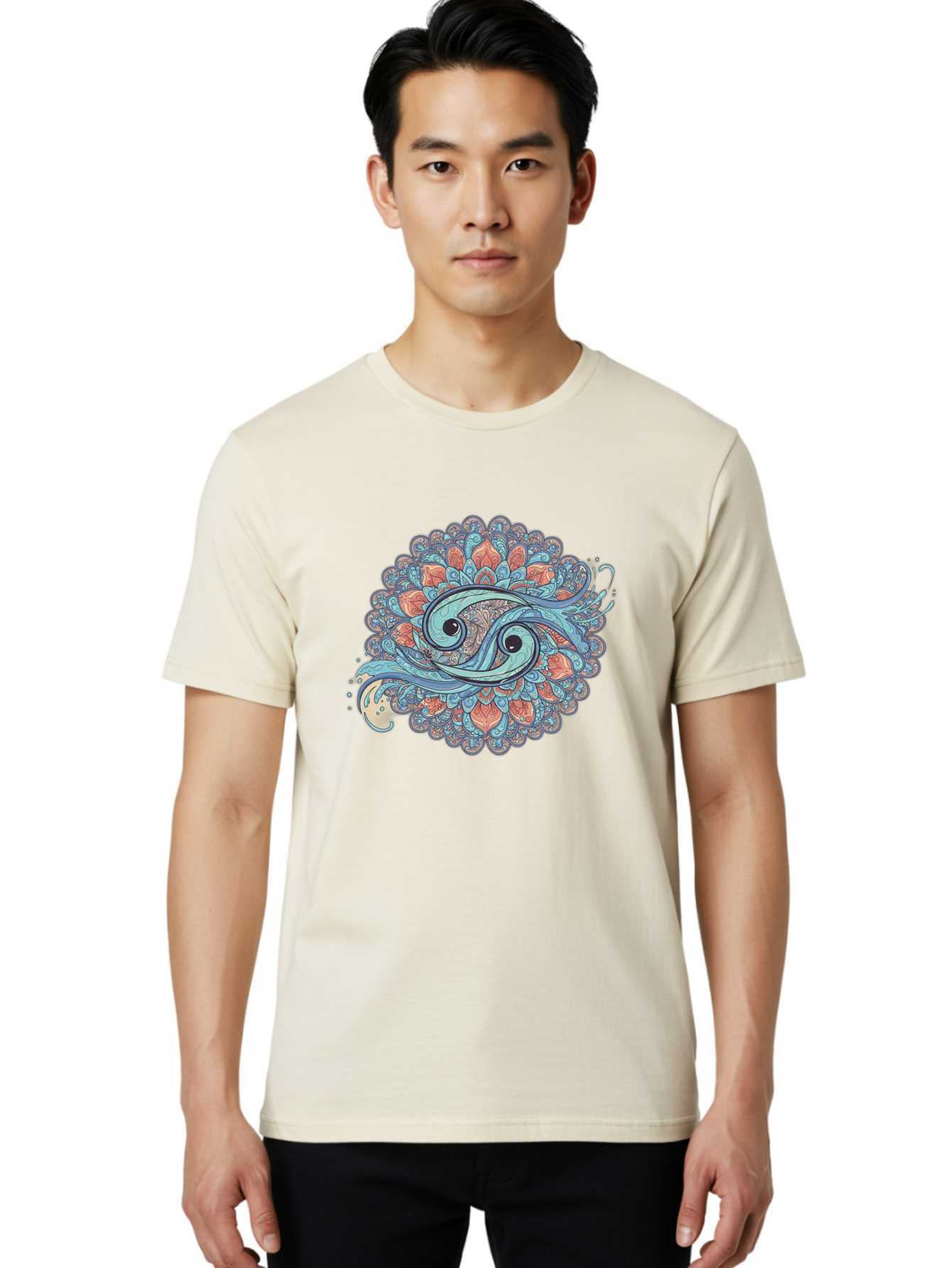 Pisces-Symbol Men'S Graphic Tee, 100% Cotton, Comfortable Casual Summer Wear, Machine Washable, Pisces Zodiac Sign, Fish Symbol, Astrology Illustration, Intricate Design, Mystical Art, Celestial Theme, Abstract Shapes, Blue And Orange Hues, Bae239