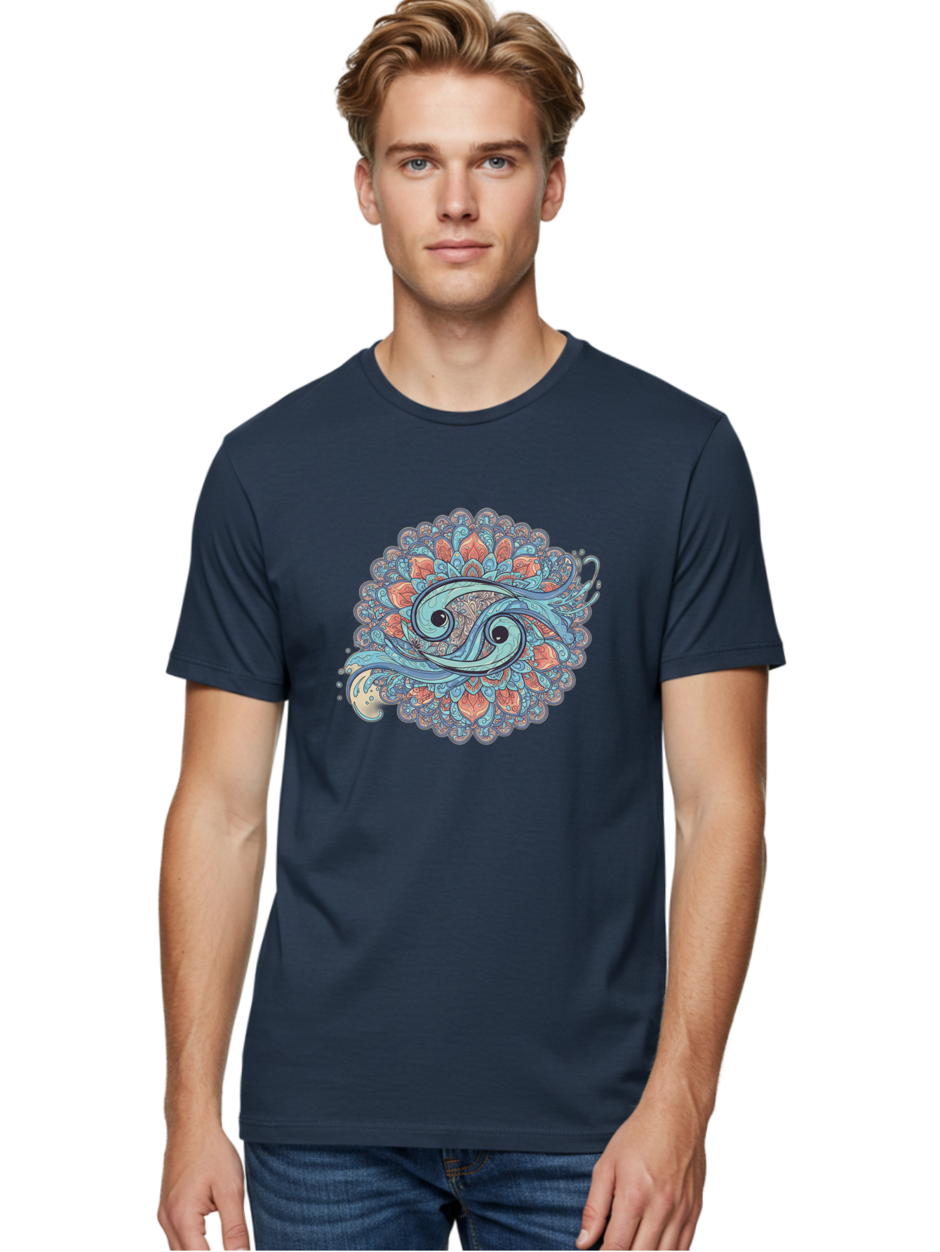 Pisces-Symbol Men'S Graphic Tee, 100% Cotton, Comfortable Casual Summer Wear, Machine Washable, Pisces Zodiac Sign, Fish Symbol, Astrology Illustration, Intricate Design, Mystical Art, Celestial Theme, Abstract Shapes, Blue And Orange Hues, Bae239