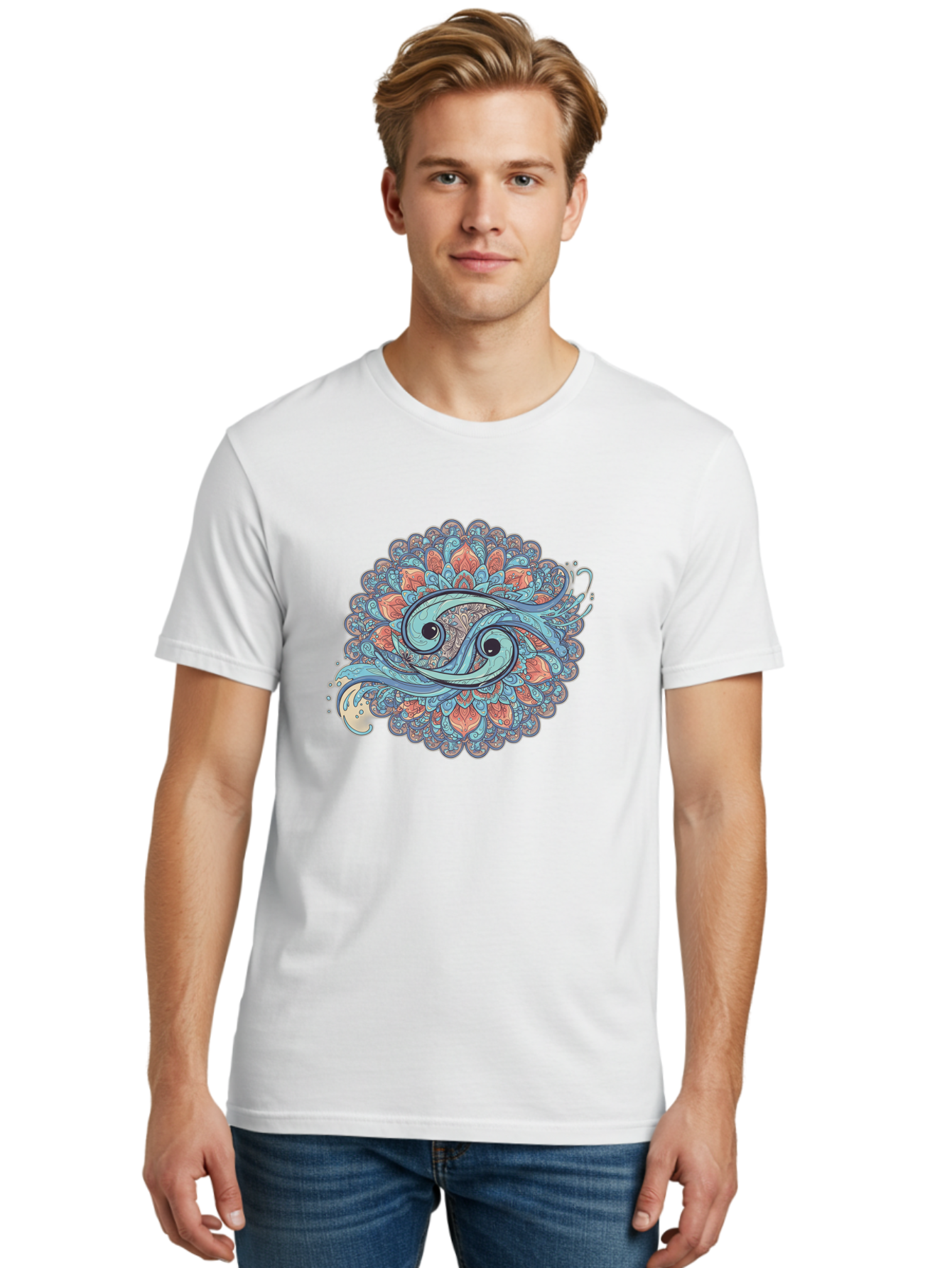 Pisces-Symbol Men'S Graphic Tee, 100% Cotton, Comfortable Casual Summer Wear, Machine Washable, Pisces Zodiac Sign, Fish Symbol, Astrology Illustration, Intricate Design, Mystical Art, Celestial Theme, Abstract Shapes, Blue And Orange Hues, Bae239