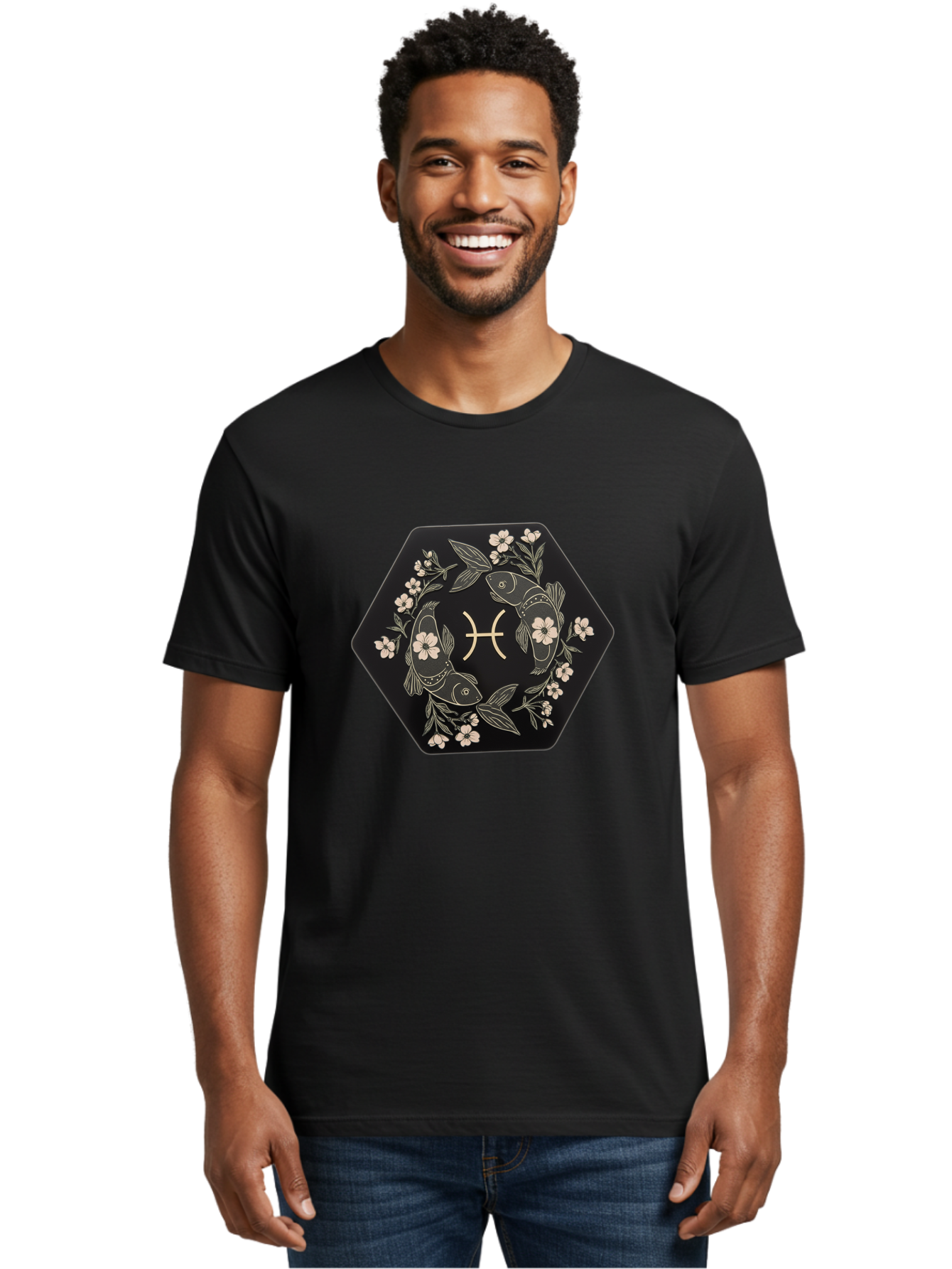 Pisces-Zodiac-Symbol Men'S Graphic Tee, 100% Cotton, Comfortable Casual Summer Wear, Machine Washable, Pisces Zodiac Symbol, Fish Illustration, Floral Wreath, Astrology Sign, Horoscope, Mystical Design, Esoteric Art, Spiritual Symbolism, Bae240