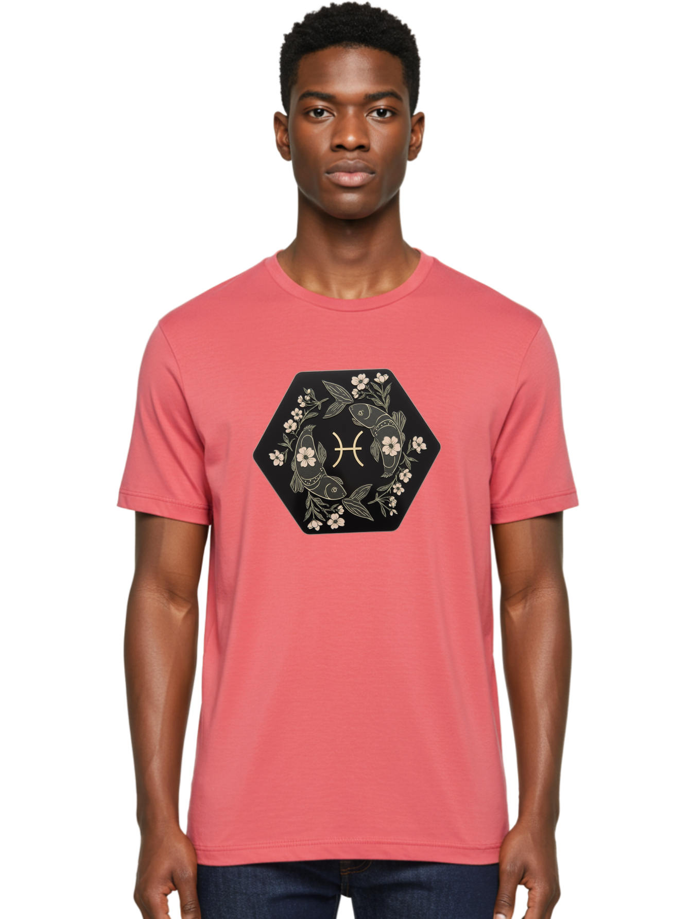 Pisces-Zodiac-Symbol Men'S Graphic Tee, 100% Cotton, Comfortable Casual Summer Wear, Machine Washable, Pisces Zodiac Symbol, Fish Illustration, Floral Wreath, Astrology Sign, Horoscope, Mystical Design, Esoteric Art, Spiritual Symbolism, Bae240
