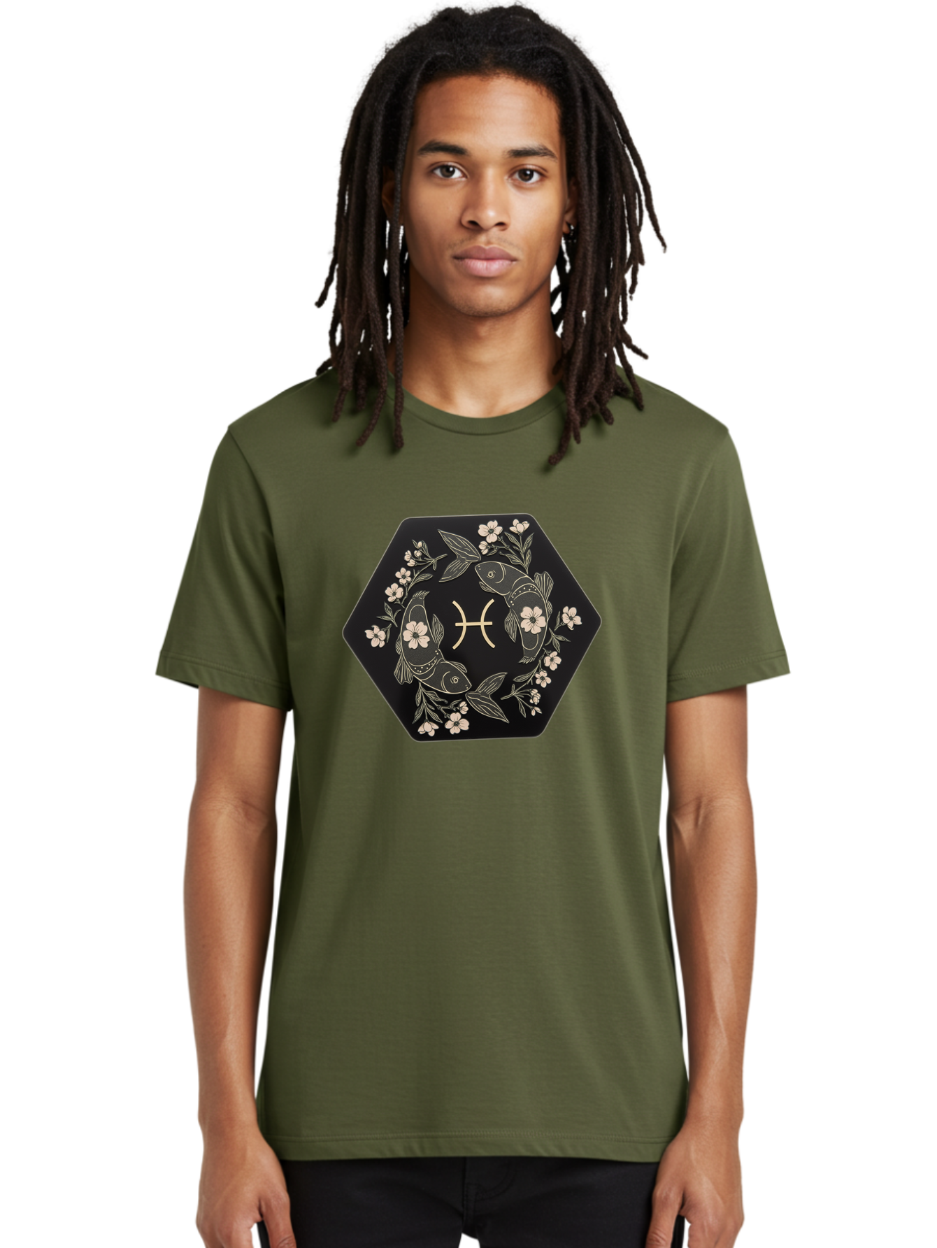 Pisces-Zodiac-Symbol Men'S Graphic Tee, 100% Cotton, Comfortable Casual Summer Wear, Machine Washable, Pisces Zodiac Symbol, Fish Illustration, Floral Wreath, Astrology Sign, Horoscope, Mystical Design, Esoteric Art, Spiritual Symbolism, Bae240