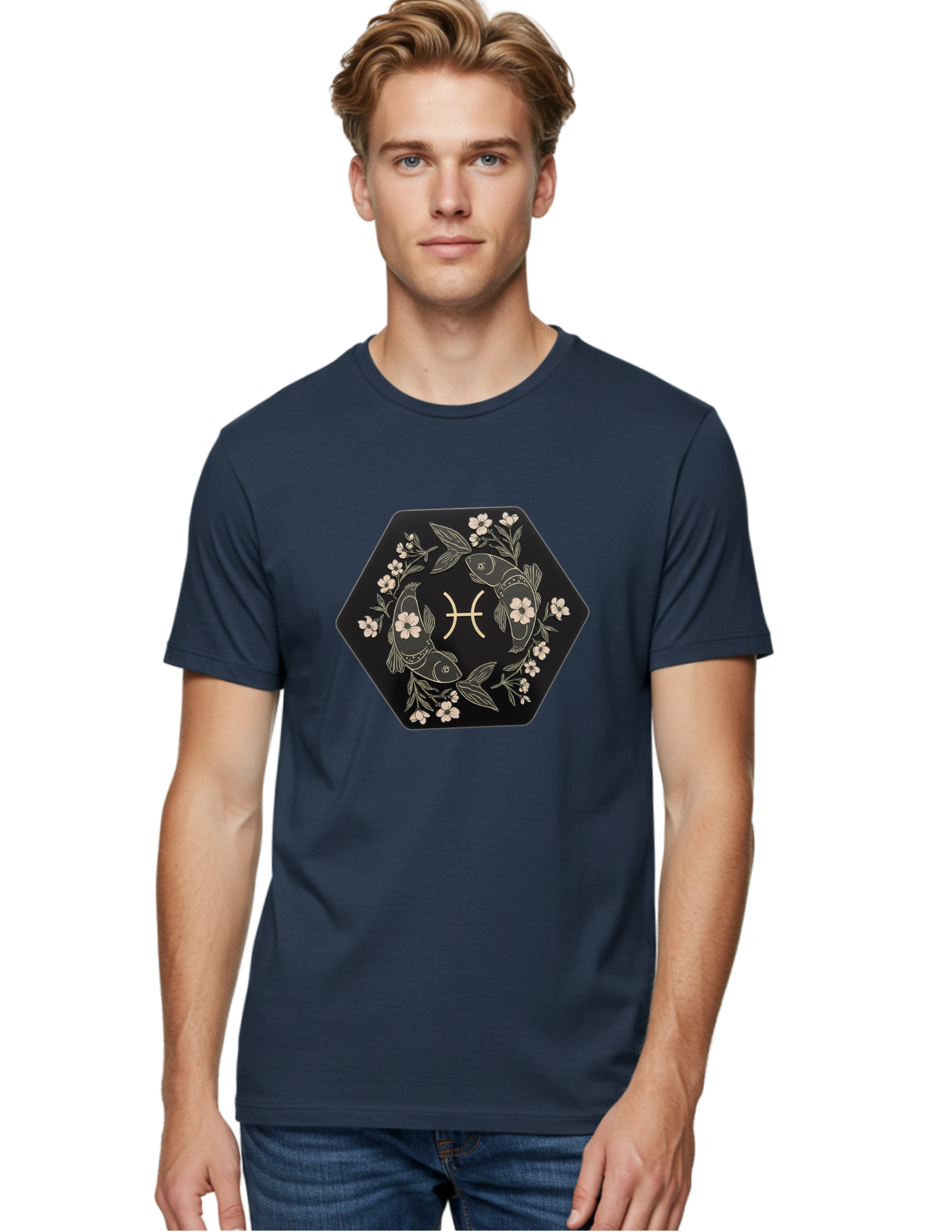 Pisces-Zodiac-Symbol Men'S Graphic Tee, 100% Cotton, Comfortable Casual Summer Wear, Machine Washable, Pisces Zodiac Symbol, Fish Illustration, Floral Wreath, Astrology Sign, Horoscope, Mystical Design, Esoteric Art, Spiritual Symbolism, Bae240