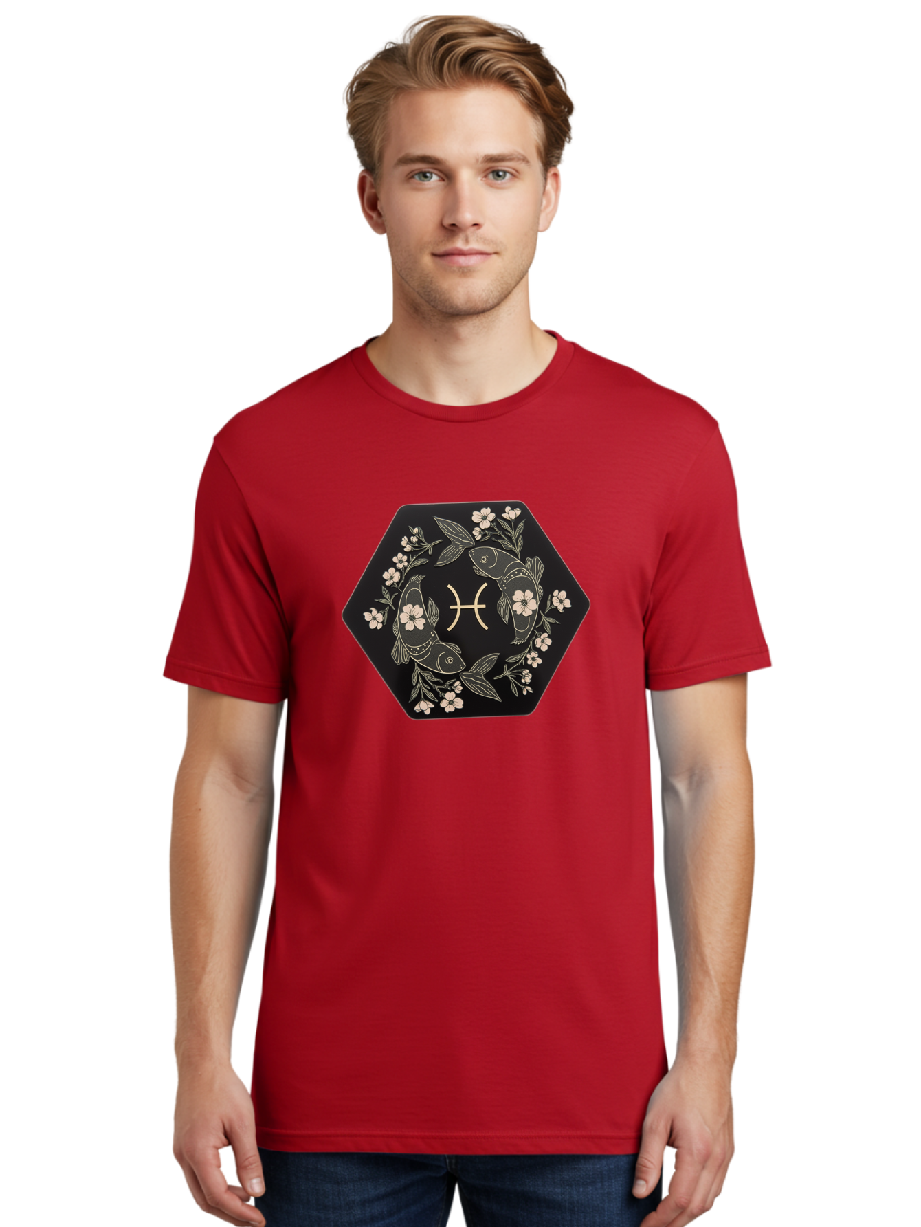 Pisces-Zodiac-Symbol Men'S Graphic Tee, 100% Cotton, Comfortable Casual Summer Wear, Machine Washable, Pisces Zodiac Symbol, Fish Illustration, Floral Wreath, Astrology Sign, Horoscope, Mystical Design, Esoteric Art, Spiritual Symbolism, Bae240