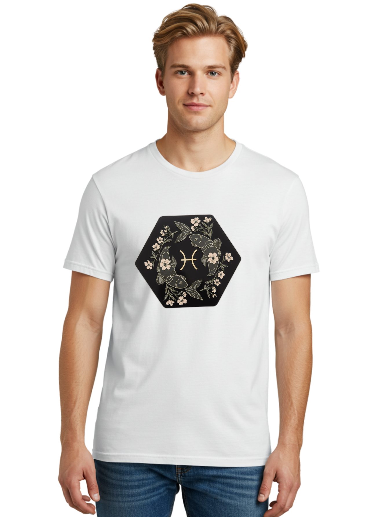 Pisces-Zodiac-Symbol Men'S Graphic Tee, 100% Cotton, Comfortable Casual Summer Wear, Machine Washable, Pisces Zodiac Symbol, Fish Illustration, Floral Wreath, Astrology Sign, Horoscope, Mystical Design, Esoteric Art, Spiritual Symbolism, Bae240