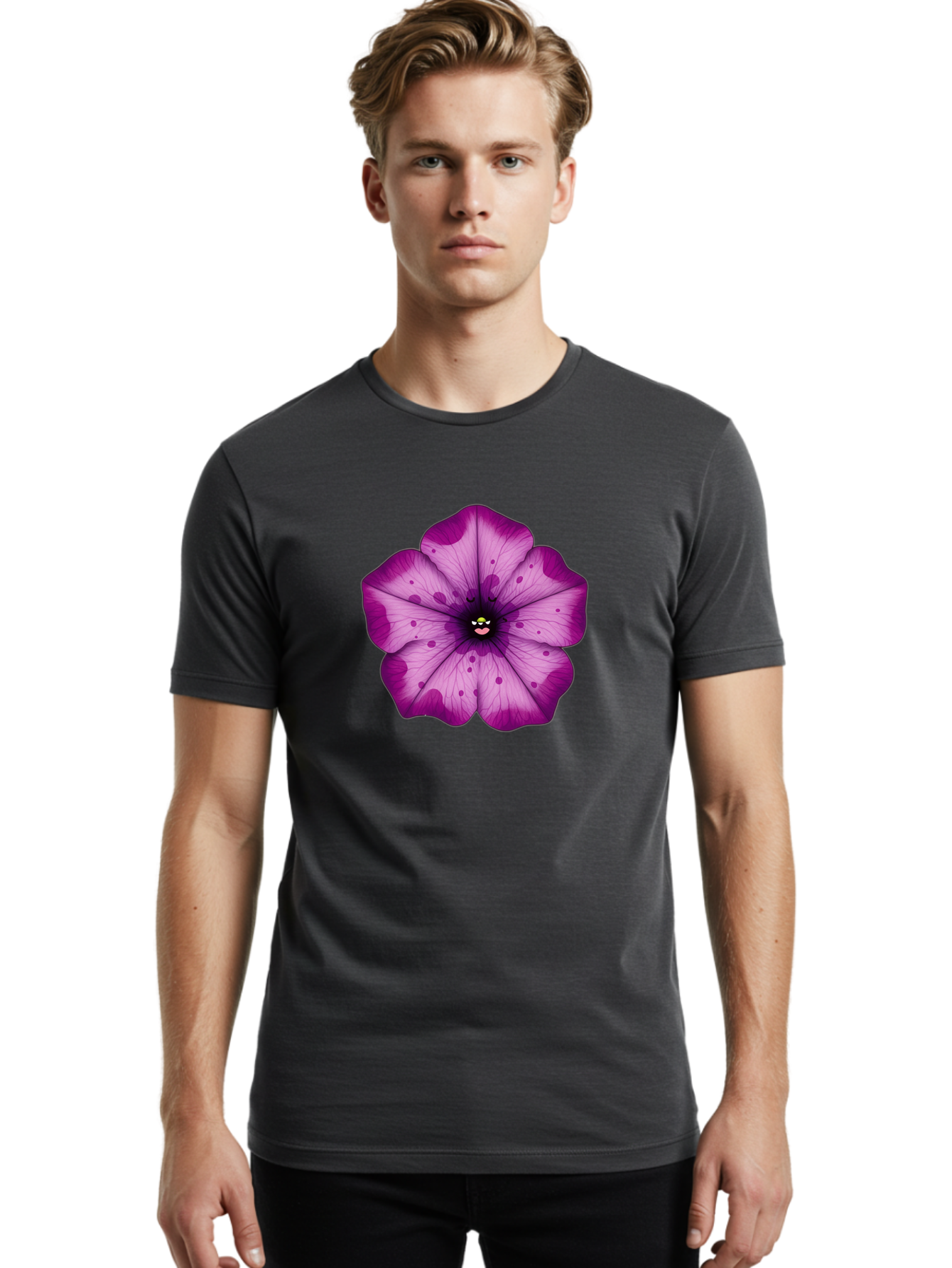 Purple-Flower Men'S Graphic Tee, 100% Cotton, Comfortable Casual Summer Wear, Machine Washable, Purple Flower, Cartoon Style, Vibrant Colors, Whimsical Design, Floral Pattern, Playful Character, Purple Petals, Spotty Design Bae243