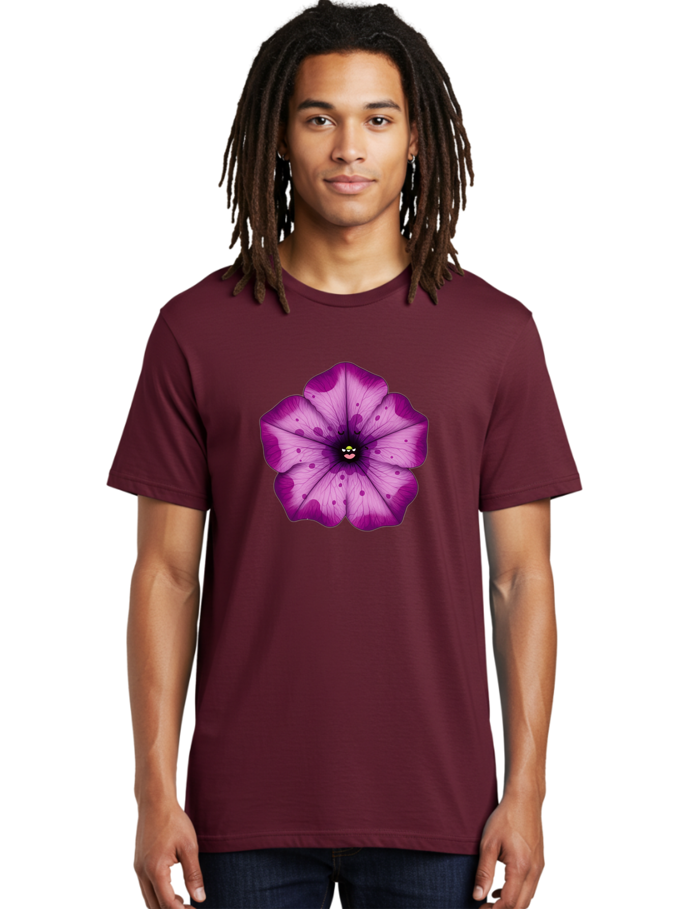 Purple-Flower Men'S Graphic Tee, 100% Cotton, Comfortable Casual Summer Wear, Machine Washable, Purple Flower, Cartoon Style, Vibrant Colors, Whimsical Design, Floral Pattern, Playful Character, Purple Petals, Spotty Design Bae243