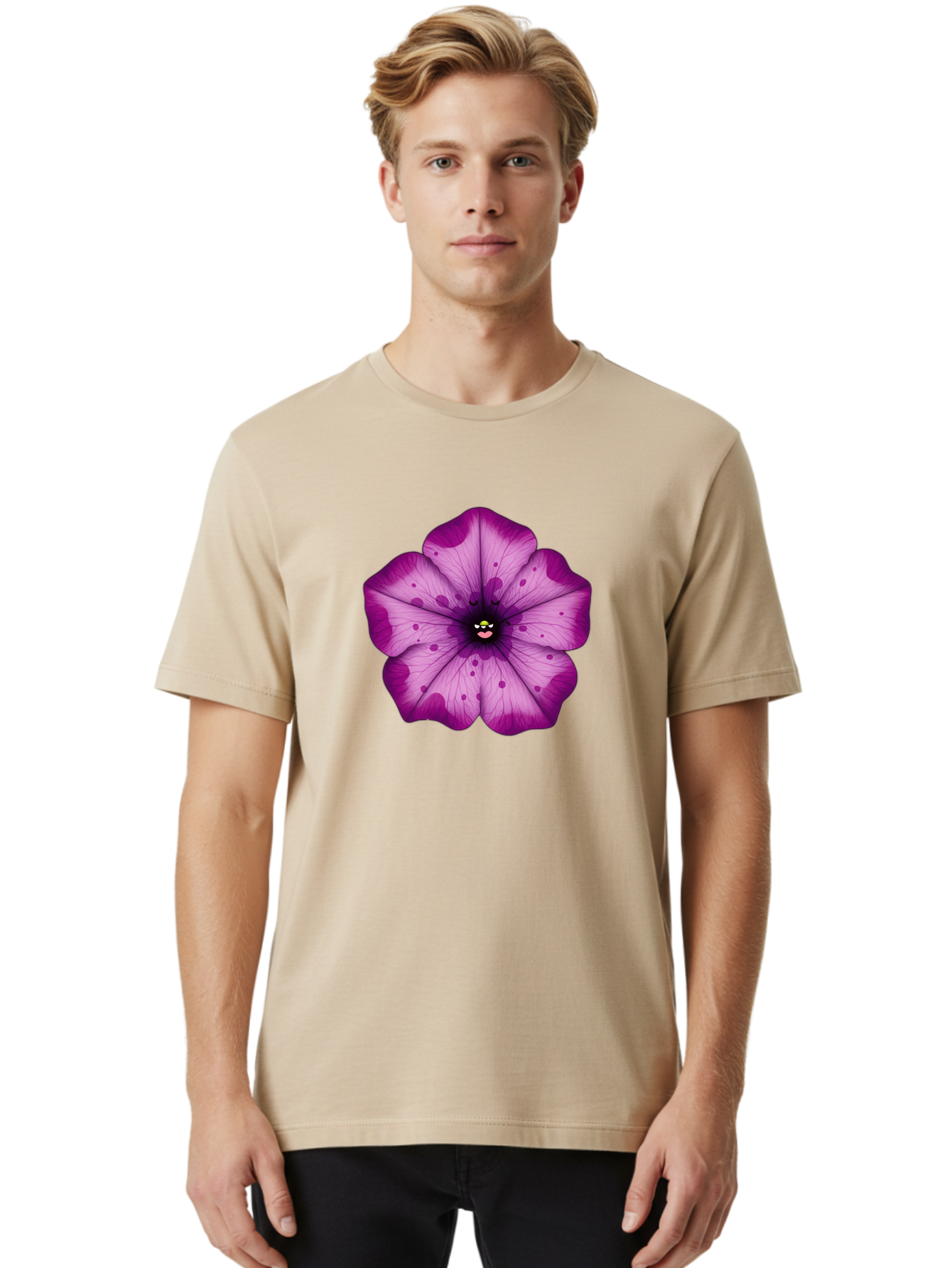 Purple-Flower Men'S Graphic Tee, 100% Cotton, Comfortable Casual Summer Wear, Machine Washable, Purple Flower, Cartoon Style, Vibrant Colors, Whimsical Design, Floral Pattern, Playful Character, Purple Petals, Spotty Design Bae243