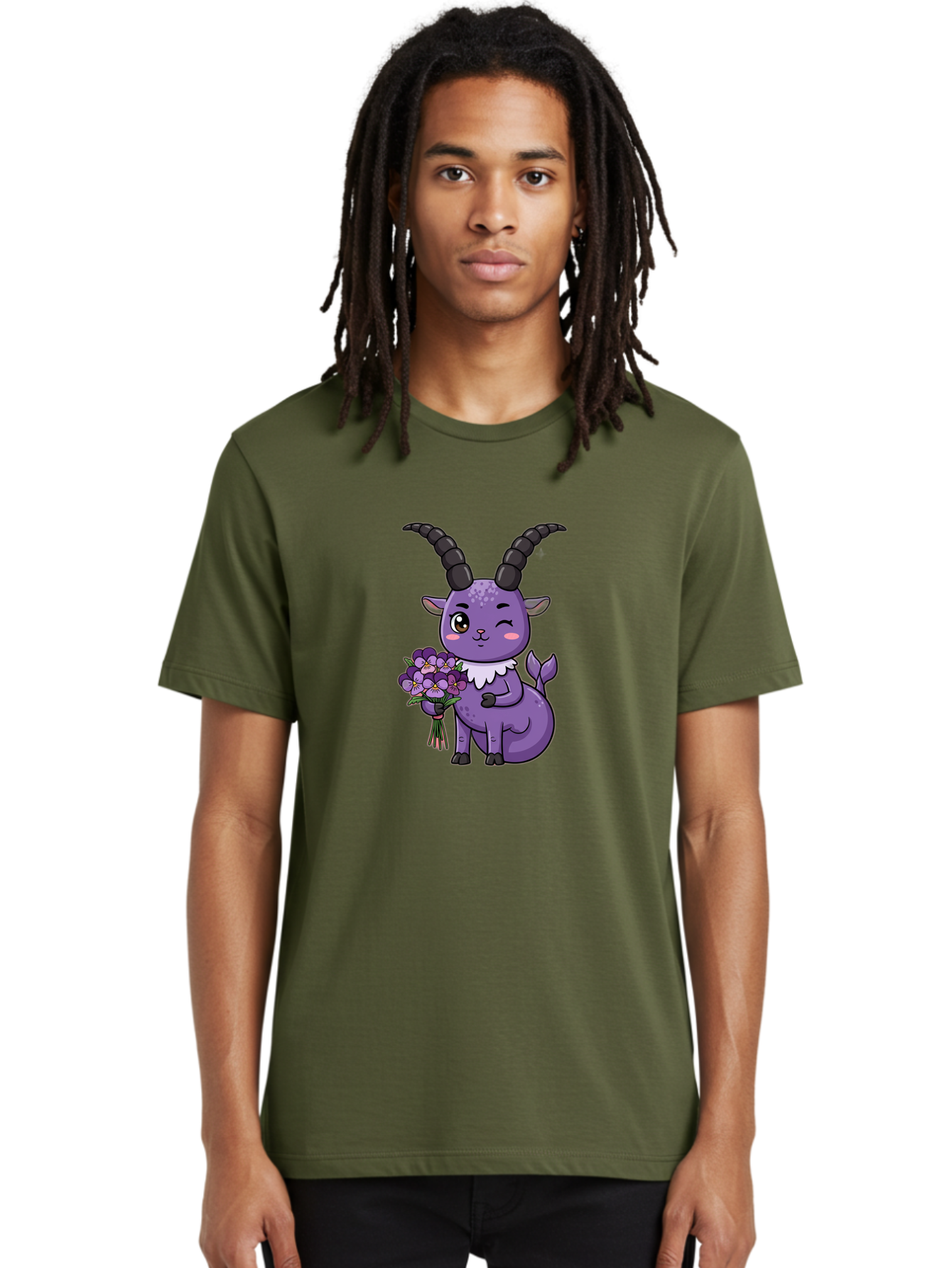 Purple-Goat Men'S Graphic Tee, 100% Cotton, Comfortable Casual Summer Wear, Machine Washable, Kawaii Goat, Cartoon Character, Purple Goat, Bouquet Of Flowers, Whimsical Design, Fantasy Creature, Adorable Illustration, Purple Flowers, Bae244