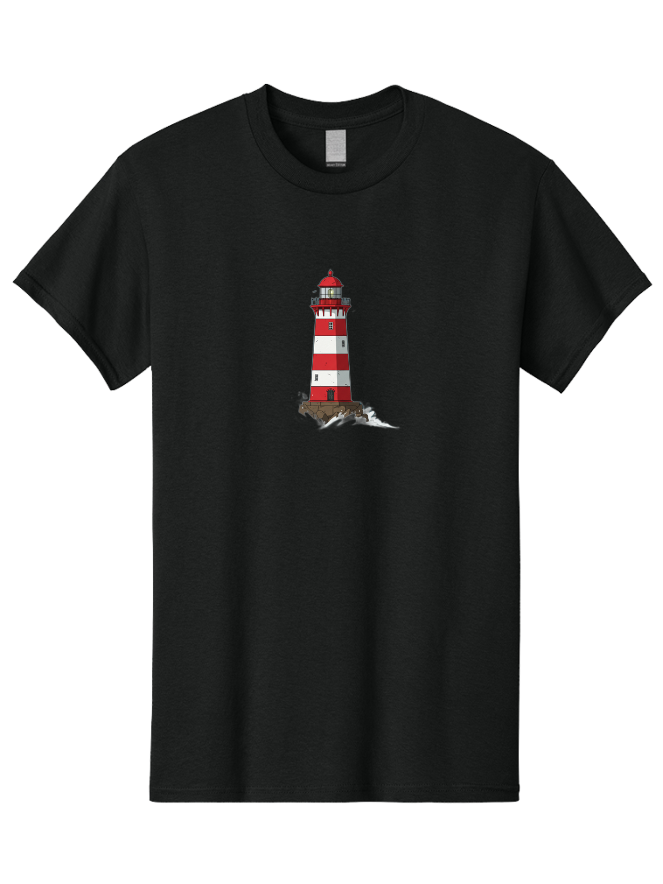 Red-And-White-Lighthouse Men'S Graphic Tee, 100% Cotton, Comfortable Casual Summer Wear, Machine Washable, Striped Lighthouse, Red And White Lighthouse, Rocky Coastline, Coastal Scenery, Maritime Navigation, Ocean Waves, Serene Atmosphere, Bae246
