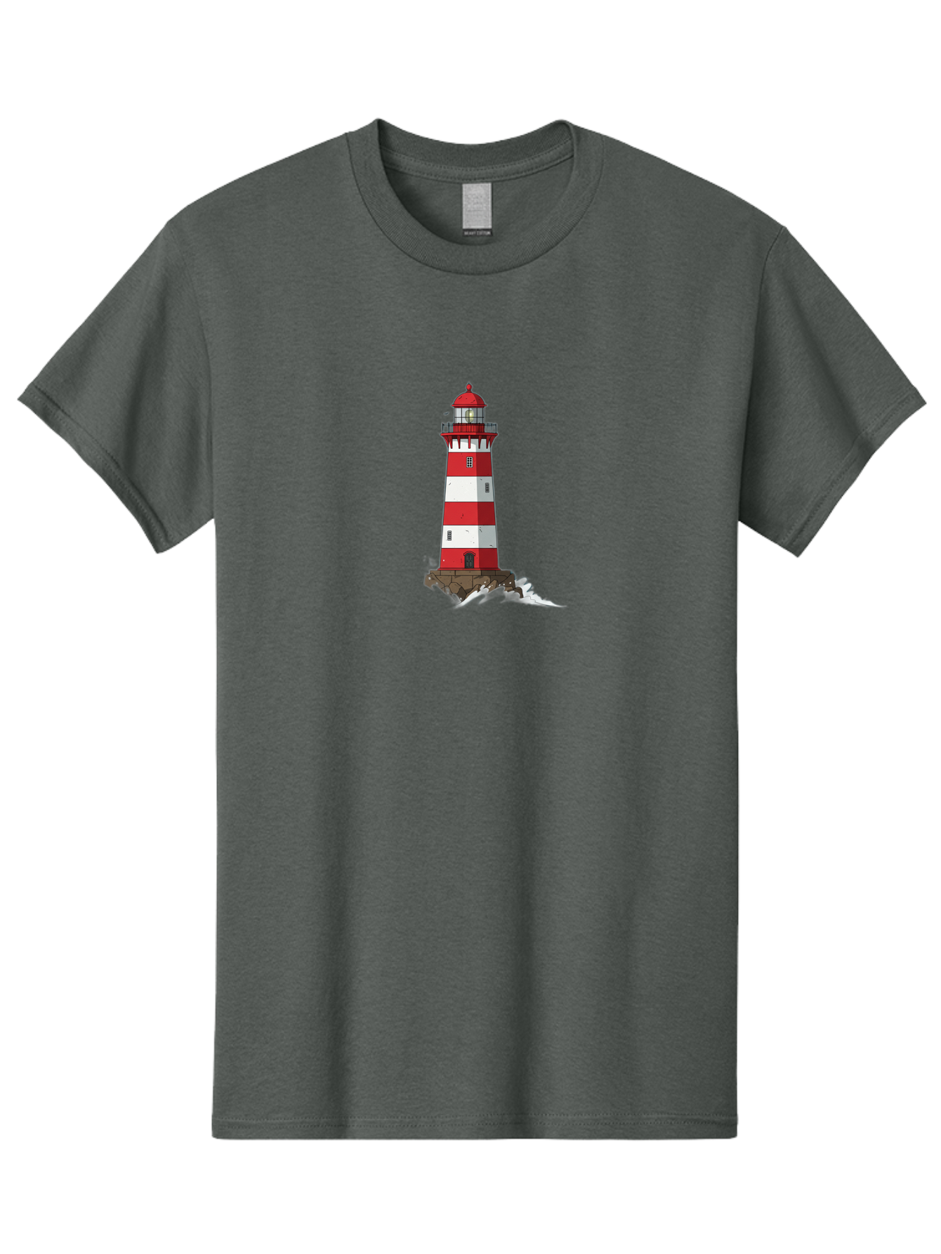 Red-And-White-Lighthouse Men'S Graphic Tee, 100% Cotton, Comfortable Casual Summer Wear, Machine Washable, Striped Lighthouse, Red And White Lighthouse, Rocky Coastline, Coastal Scenery, Maritime Navigation, Ocean Waves, Serene Atmosphere, Bae246