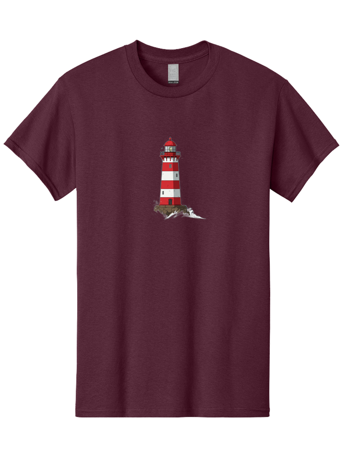 Red-And-White-Lighthouse Men'S Graphic Tee, 100% Cotton, Comfortable Casual Summer Wear, Machine Washable, Striped Lighthouse, Red And White Lighthouse, Rocky Coastline, Coastal Scenery, Maritime Navigation, Ocean Waves, Serene Atmosphere, Bae246