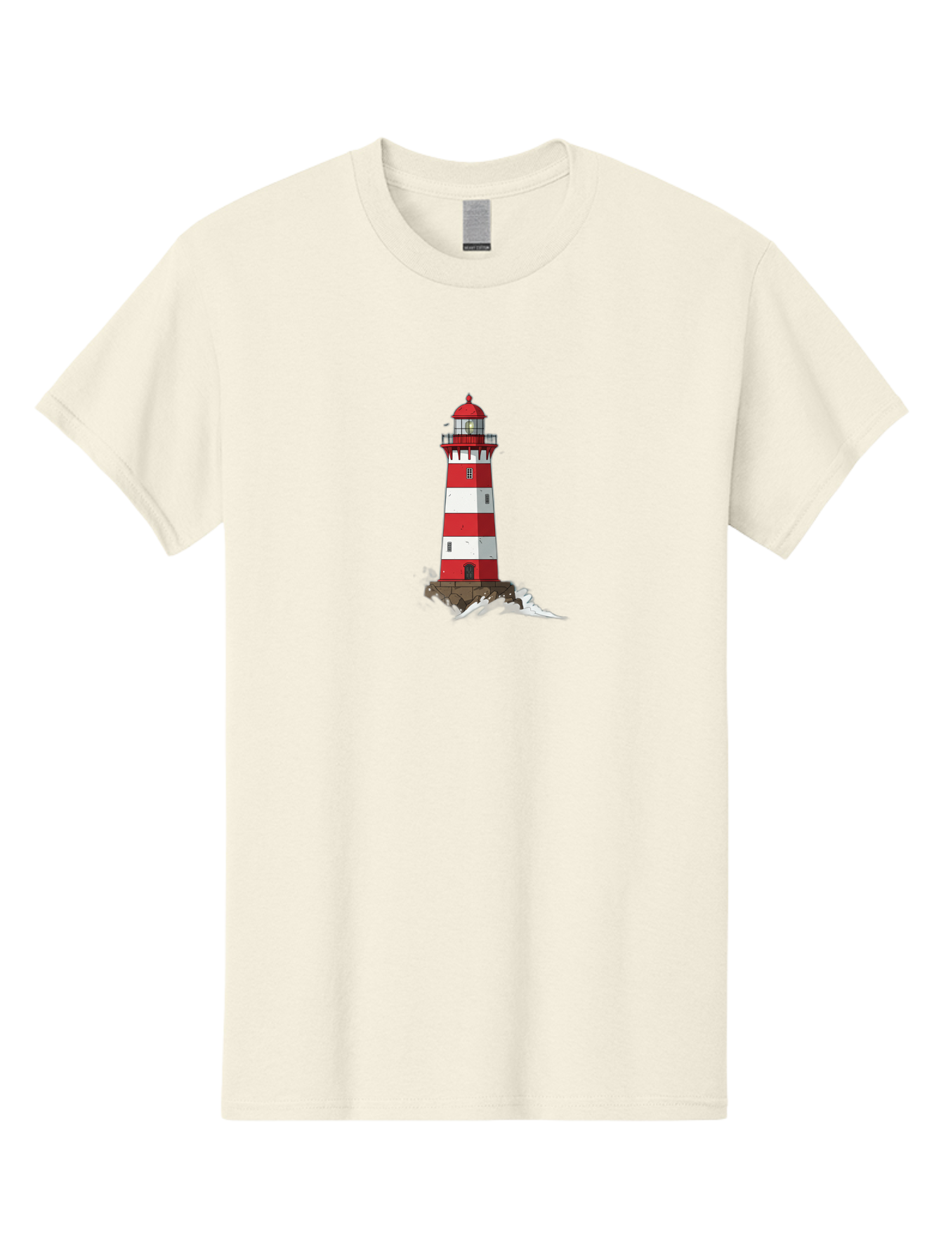 Red-And-White-Lighthouse Men'S Graphic Tee, 100% Cotton, Comfortable Casual Summer Wear, Machine Washable, Striped Lighthouse, Red And White Lighthouse, Rocky Coastline, Coastal Scenery, Maritime Navigation, Ocean Waves, Serene Atmosphere, Bae246