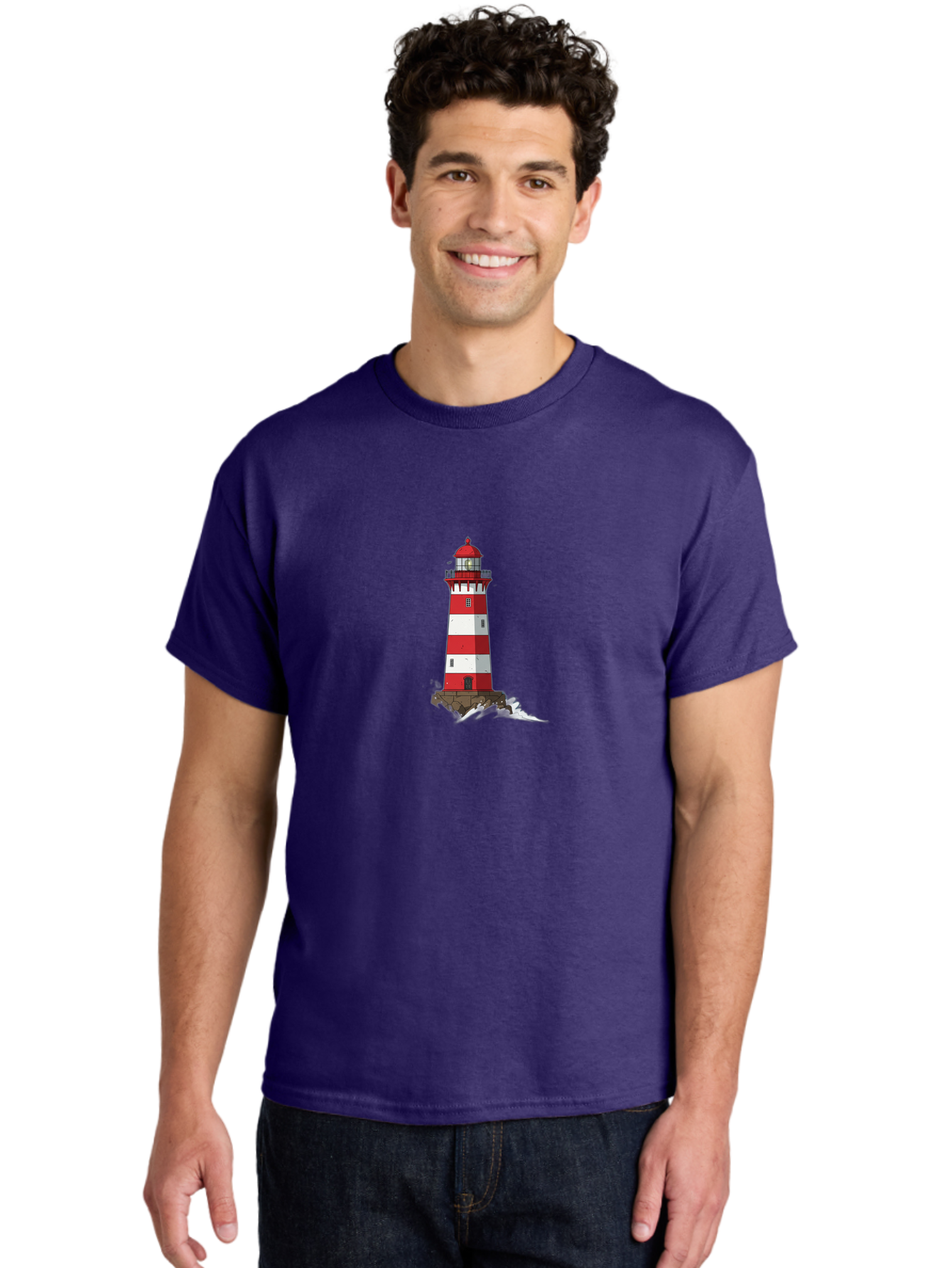 Red-And-White-Lighthouse Men'S Graphic Tee, 100% Cotton, Comfortable Casual Summer Wear, Machine Washable, Striped Lighthouse, Red And White Lighthouse, Rocky Coastline, Coastal Scenery, Maritime Navigation, Ocean Waves, Serene Atmosphere, Bae246