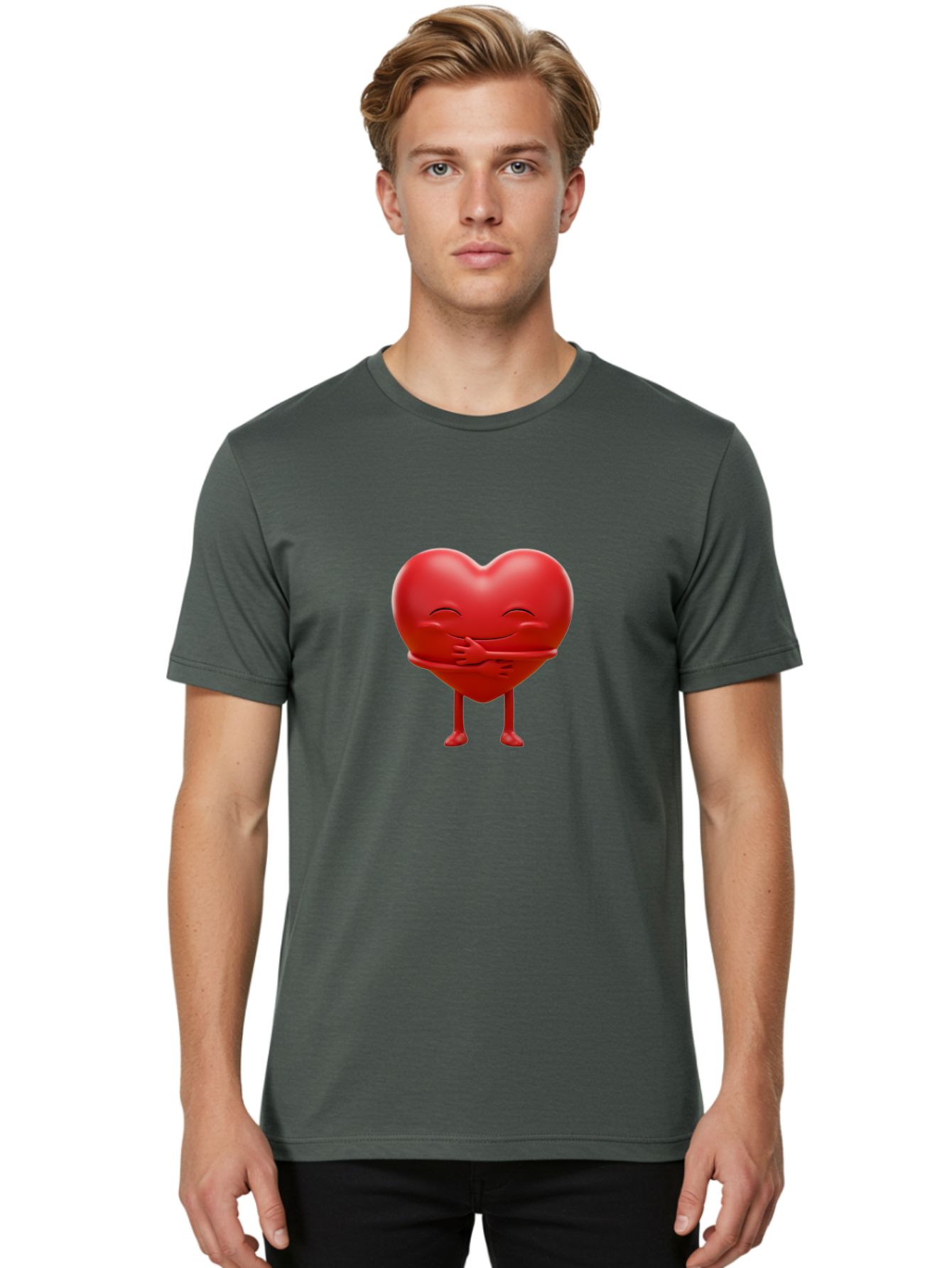 Red-Heart-Character Men'S Graphic Tee, 100% Cotton, Comfortable Casual Summer Wear, Machine Washable, Cartoon Heart Character, Heart Touching Hand, Happy Heart, Heart Smiling Face, Cute Cartoon Character, Heart With Legs, Bae251