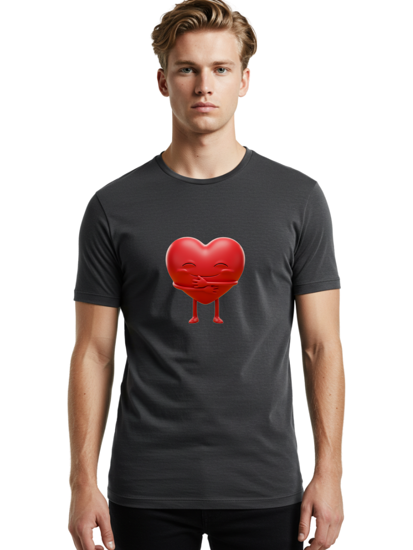 Red-Heart-Character Men'S Graphic Tee, 100% Cotton, Comfortable Casual Summer Wear, Machine Washable, Cartoon Heart Character, Heart Touching Hand, Happy Heart, Heart Smiling Face, Cute Cartoon Character, Heart With Legs, Bae251