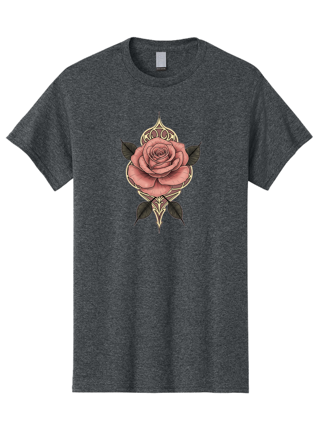 Rose-Illustration Men'S Graphic Tee, 100% Cotton, Comfortable Casual Summer Wear, Machine Washable, Stylized Rose Illustration, Decorative Floral Design, Pink Rose, Black Leaves, Intricate Line Art, Ornate Details, Body Art Inspiration, Bae258