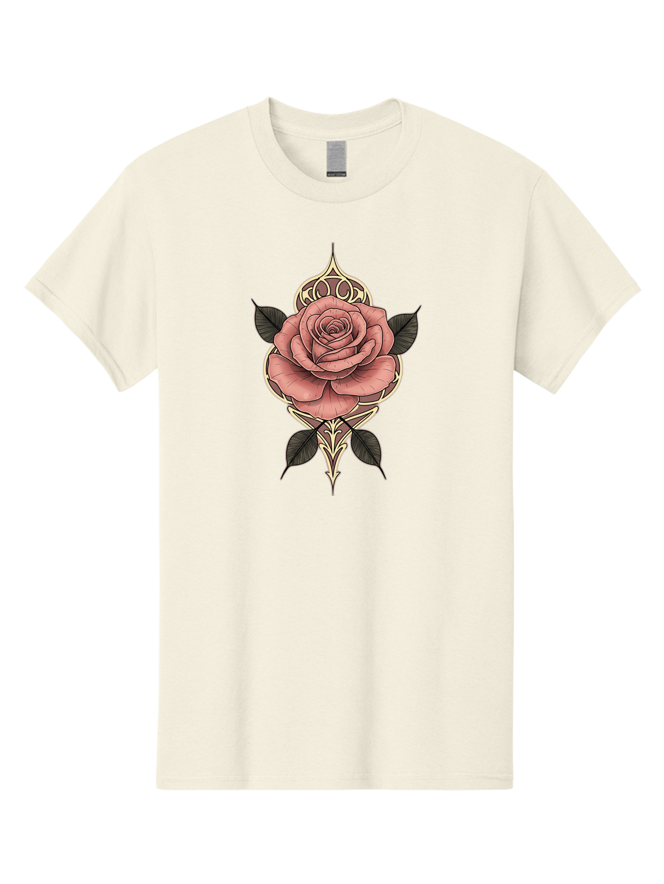 Rose-Illustration Men'S Graphic Tee, 100% Cotton, Comfortable Casual Summer Wear, Machine Washable, Stylized Rose Illustration, Decorative Floral Design, Pink Rose, Black Leaves, Intricate Line Art, Ornate Details, Body Art Inspiration, Bae258
