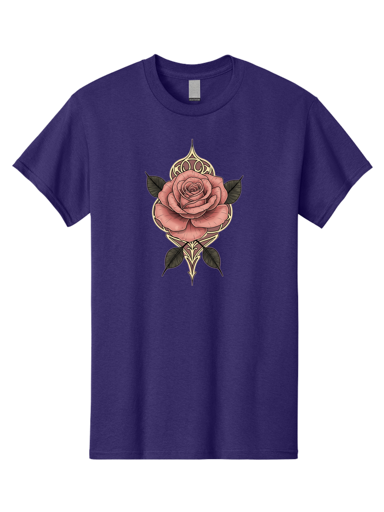 Rose-Illustration Men'S Graphic Tee, 100% Cotton, Comfortable Casual Summer Wear, Machine Washable, Stylized Rose Illustration, Decorative Floral Design, Pink Rose, Black Leaves, Intricate Line Art, Ornate Details, Body Art Inspiration, Bae258
