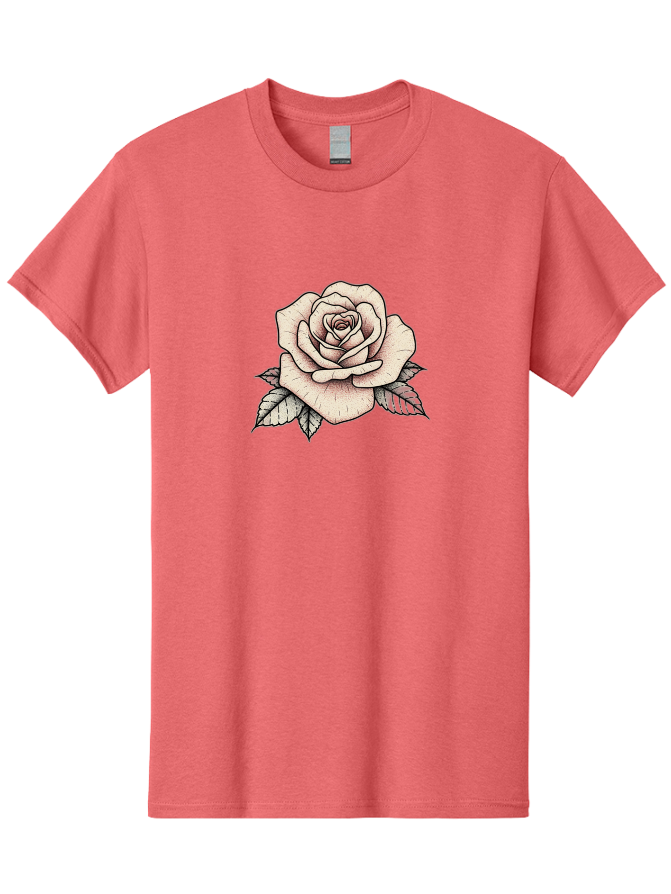 Rose-With-Leaves Men'S Graphic Tee, 100% Cotton, Comfortable Casual Summer Wear, Machine Washable, Tattoo Style Rose, Illustration Art, Floral Design, Love Symbol, Delicate Petals, Leafy Greens, Ink Art, Classic Flower Bae259