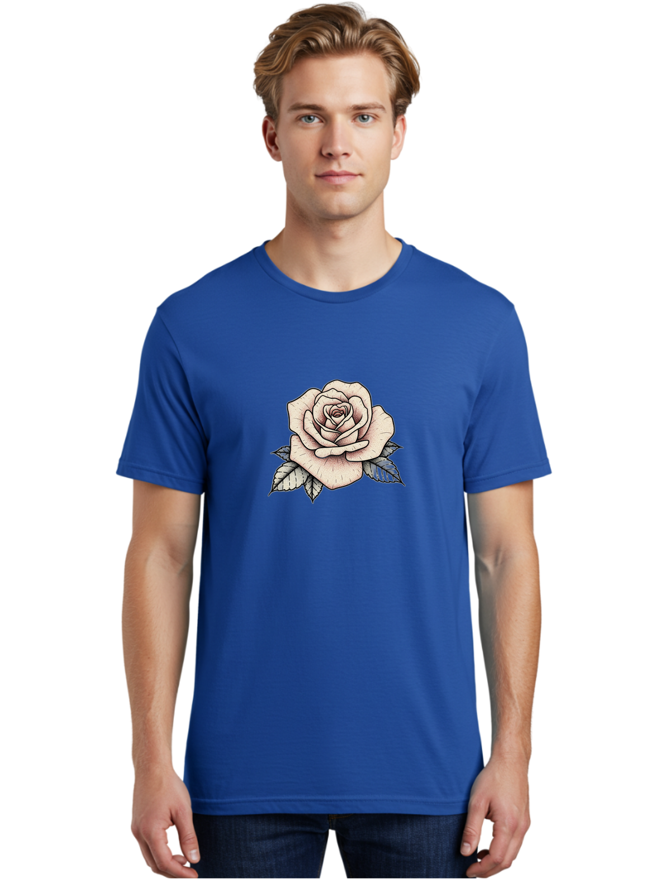 Rose-With-Leaves Men'S Graphic Tee, 100% Cotton, Comfortable Casual Summer Wear, Machine Washable, Tattoo Style Rose, Illustration Art, Floral Design, Love Symbol, Delicate Petals, Leafy Greens, Ink Art, Classic Flower Bae259