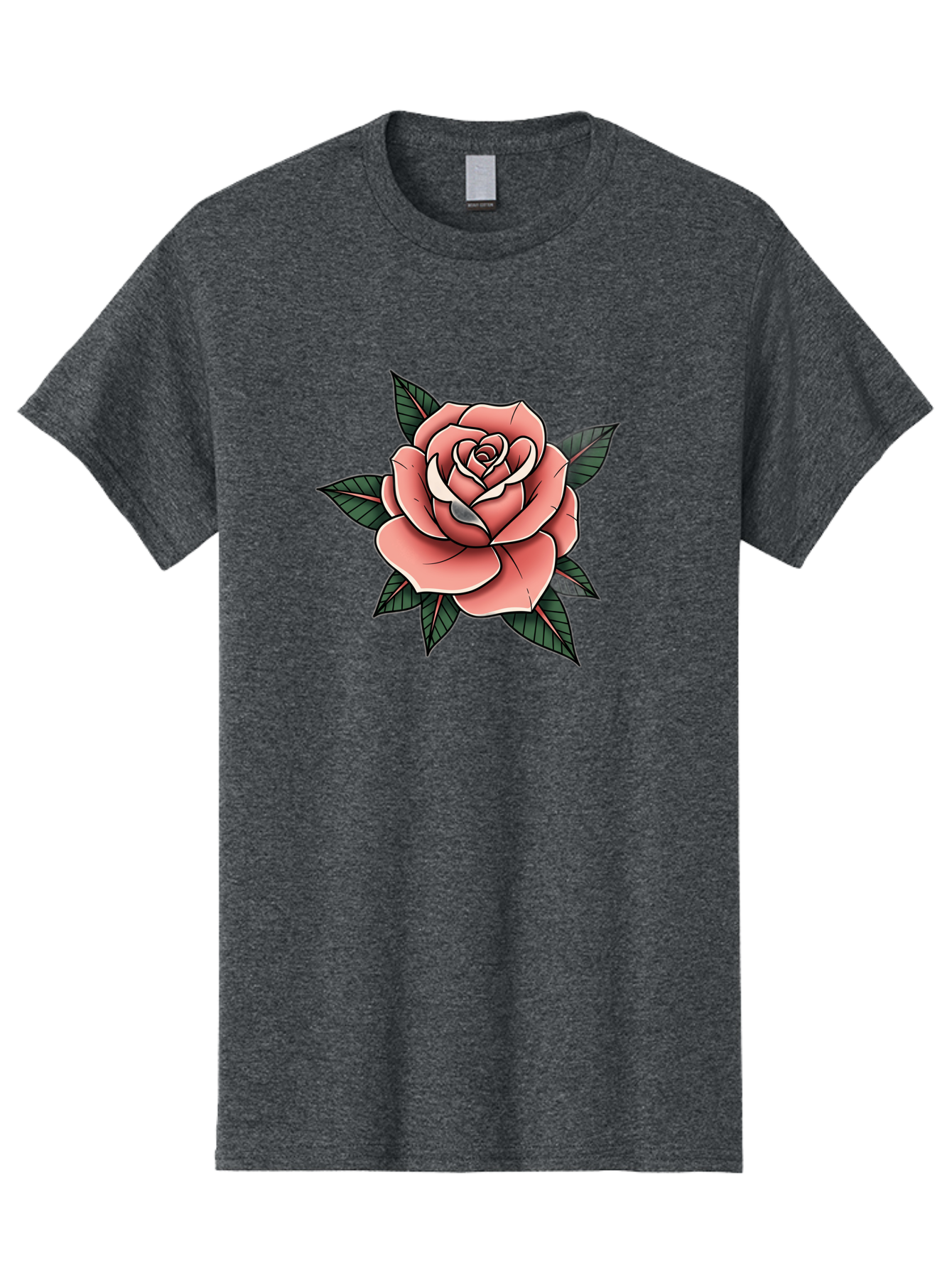 Rose Men'S Graphic Tee, 100% Cotton, Comfortable Casual Summer Wear, Machine Washable, Pink Rose, Flower Illustration, Tattoo Art, Green Leaves, Black Outlines, White Highlights, Floral Design, Botanical Art, Graphic Design Bae260