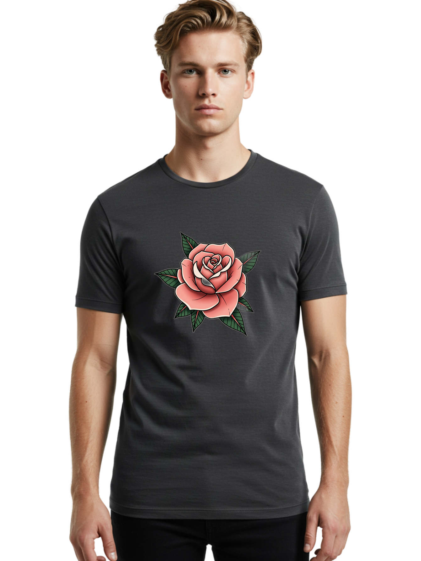 Rose Men'S Graphic Tee, 100% Cotton, Comfortable Casual Summer Wear, Machine Washable, Pink Rose, Flower Illustration, Tattoo Art, Green Leaves, Black Outlines, White Highlights, Floral Design, Botanical Art, Graphic Design Bae260
