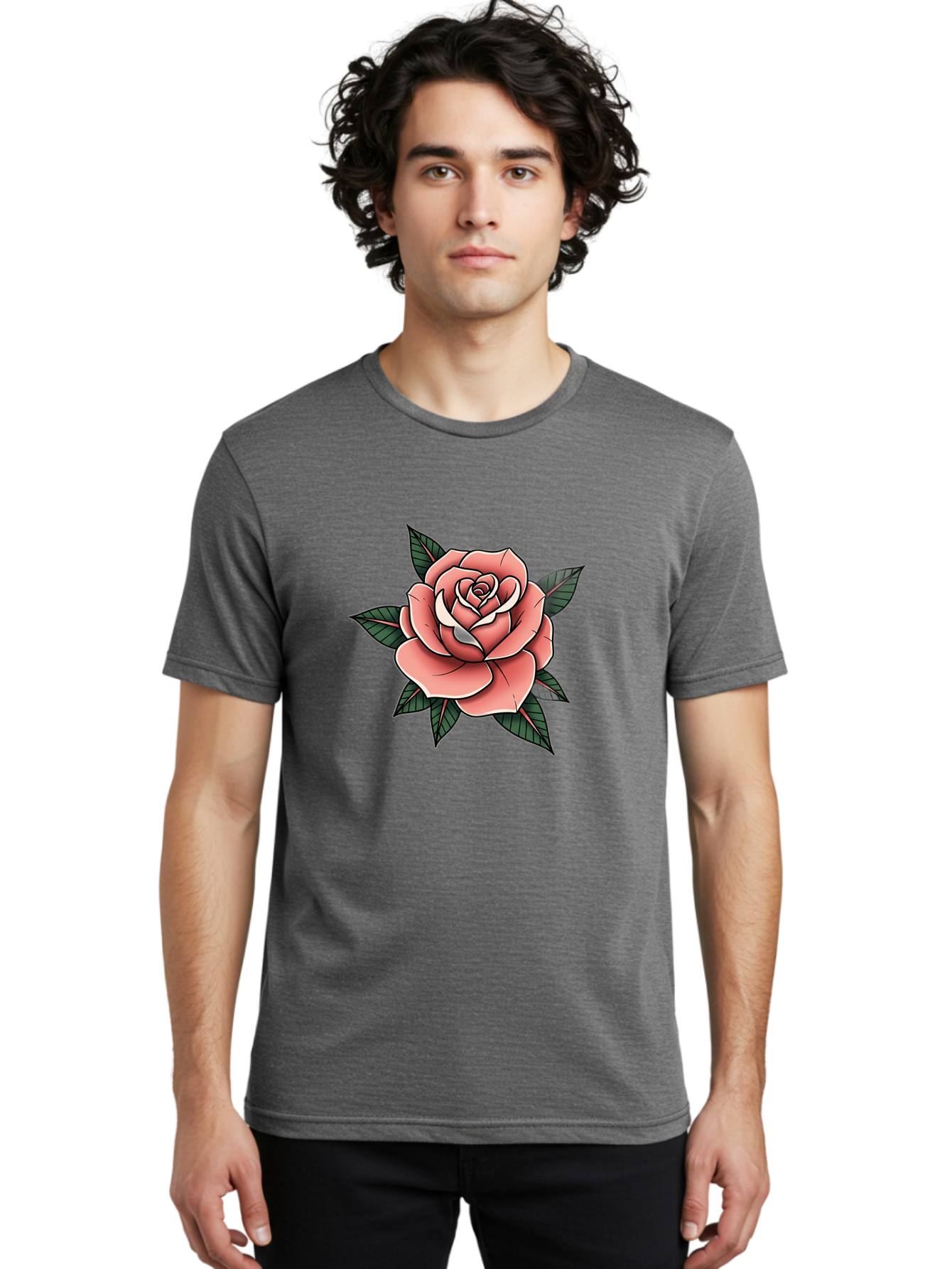 Rose Men'S Graphic Tee, 100% Cotton, Comfortable Casual Summer Wear, Machine Washable, Pink Rose, Flower Illustration, Tattoo Art, Green Leaves, Black Outlines, White Highlights, Floral Design, Botanical Art, Graphic Design Bae260