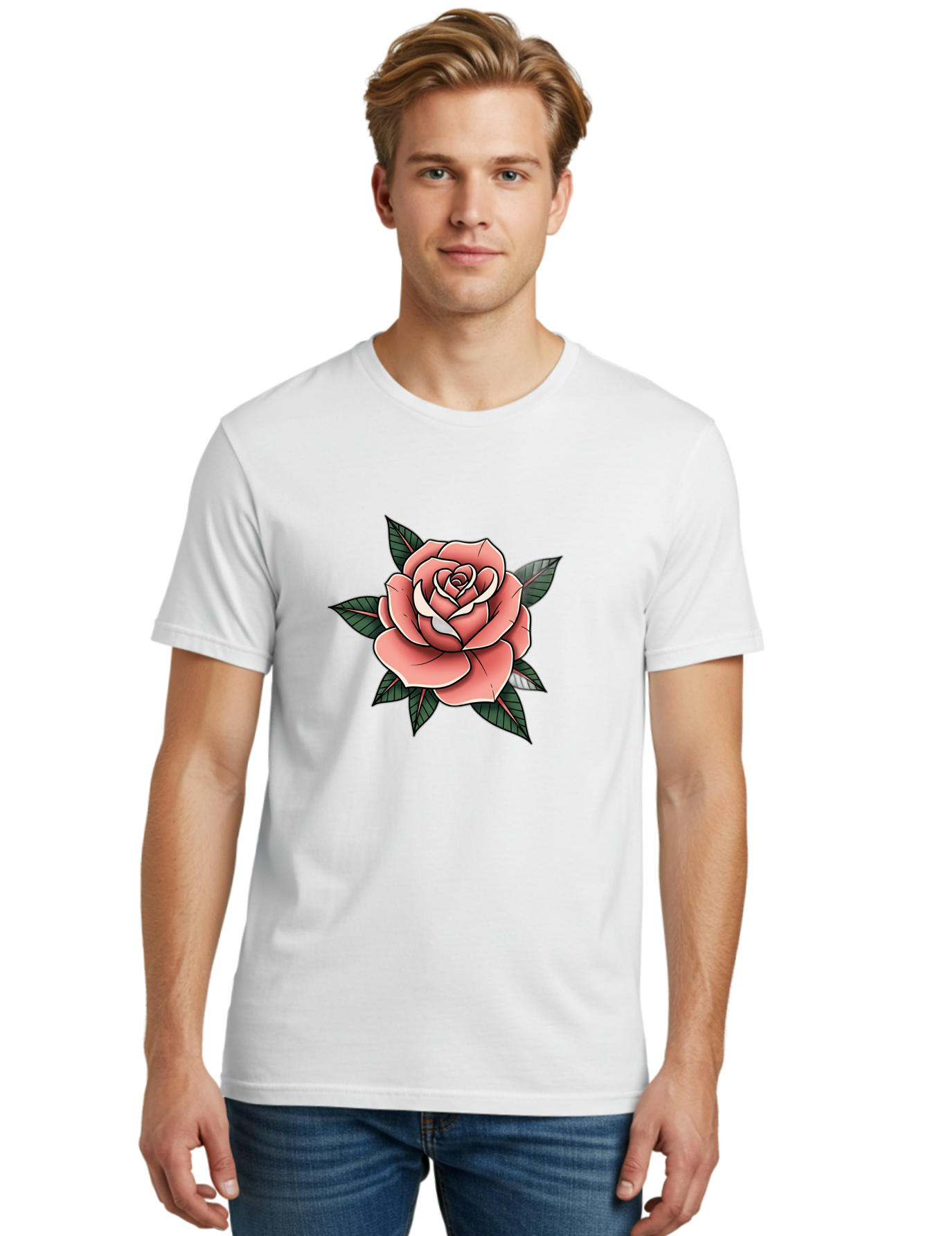 Rose Men'S Graphic Tee, 100% Cotton, Comfortable Casual Summer Wear, Machine Washable, Pink Rose, Flower Illustration, Tattoo Art, Green Leaves, Black Outlines, White Highlights, Floral Design, Botanical Art, Graphic Design Bae260
