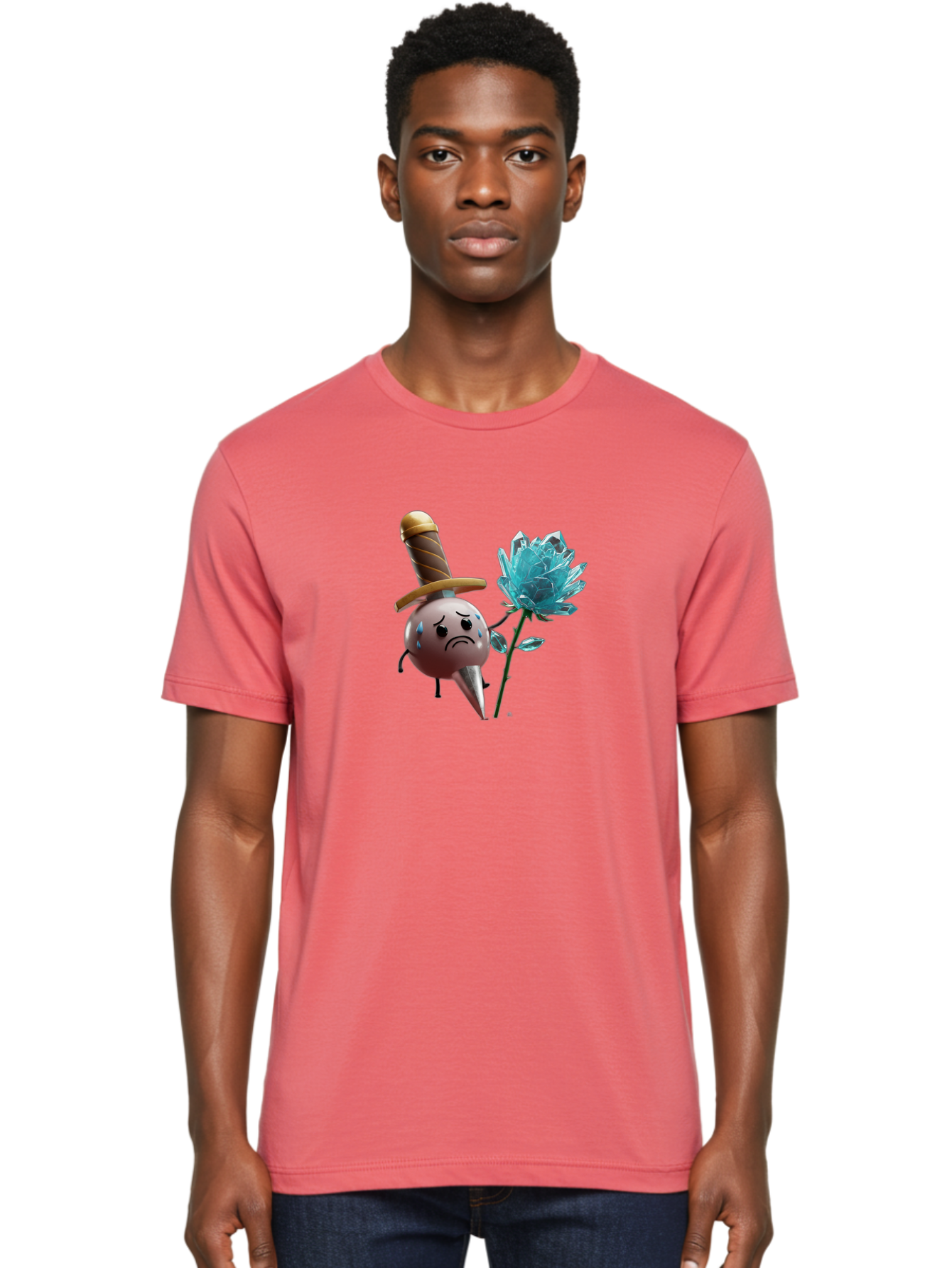 Sad-Bullet-Kin-With-Crystal-Flower Men'S Graphic Tee, 100% Cotton, Comfortable Casual Summer Wear, Machine Washable, Sad Bullet Kin, Crying Face, Blue Tears, Sword Hat, Crystal Flower, Cartoon Character, 3D Animation, Video Game Asset, Bae261