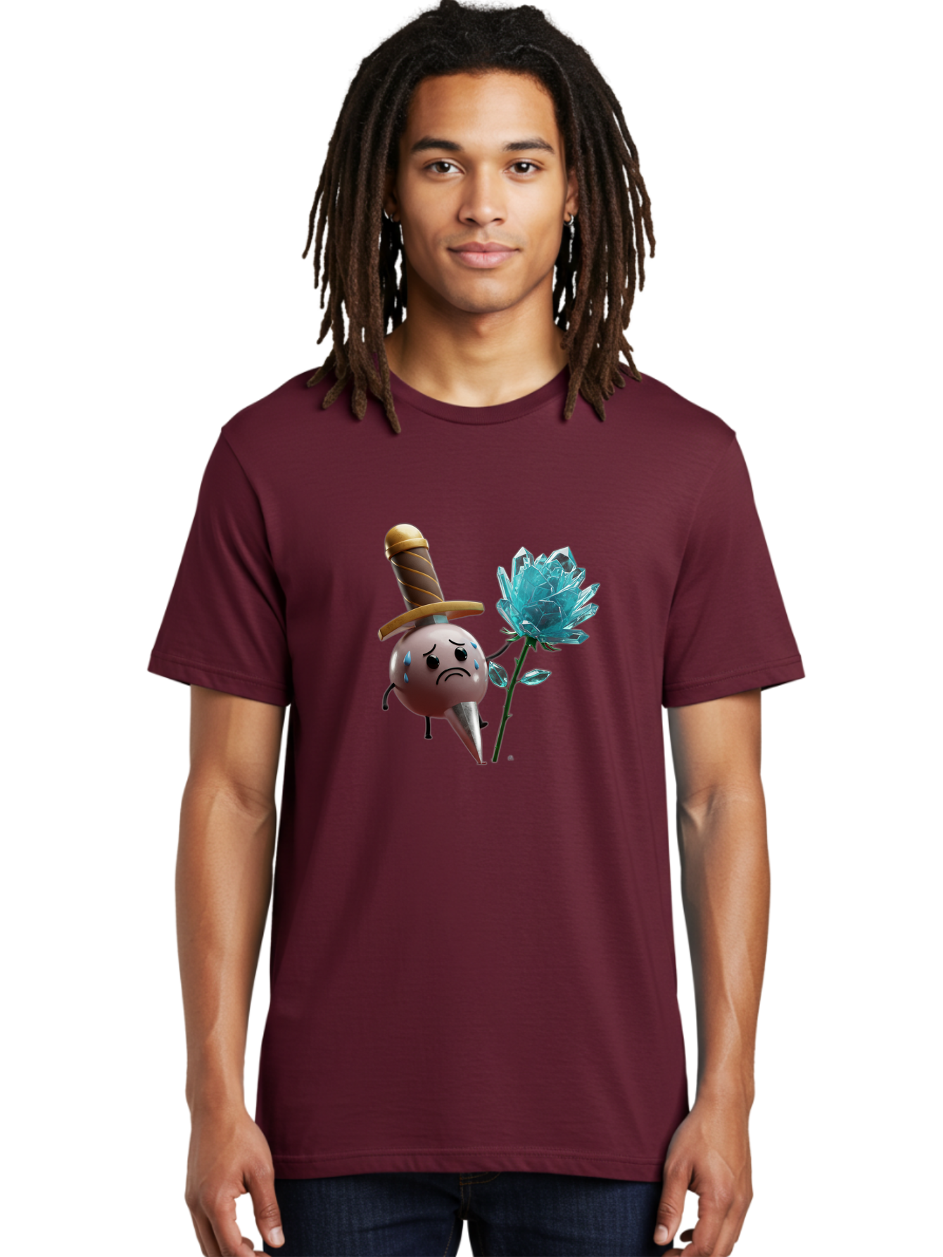 Sad-Bullet-Kin-With-Crystal-Flower Men'S Graphic Tee, 100% Cotton, Comfortable Casual Summer Wear, Machine Washable, Sad Bullet Kin, Crying Face, Blue Tears, Sword Hat, Crystal Flower, Cartoon Character, 3D Animation, Video Game Asset, Bae261