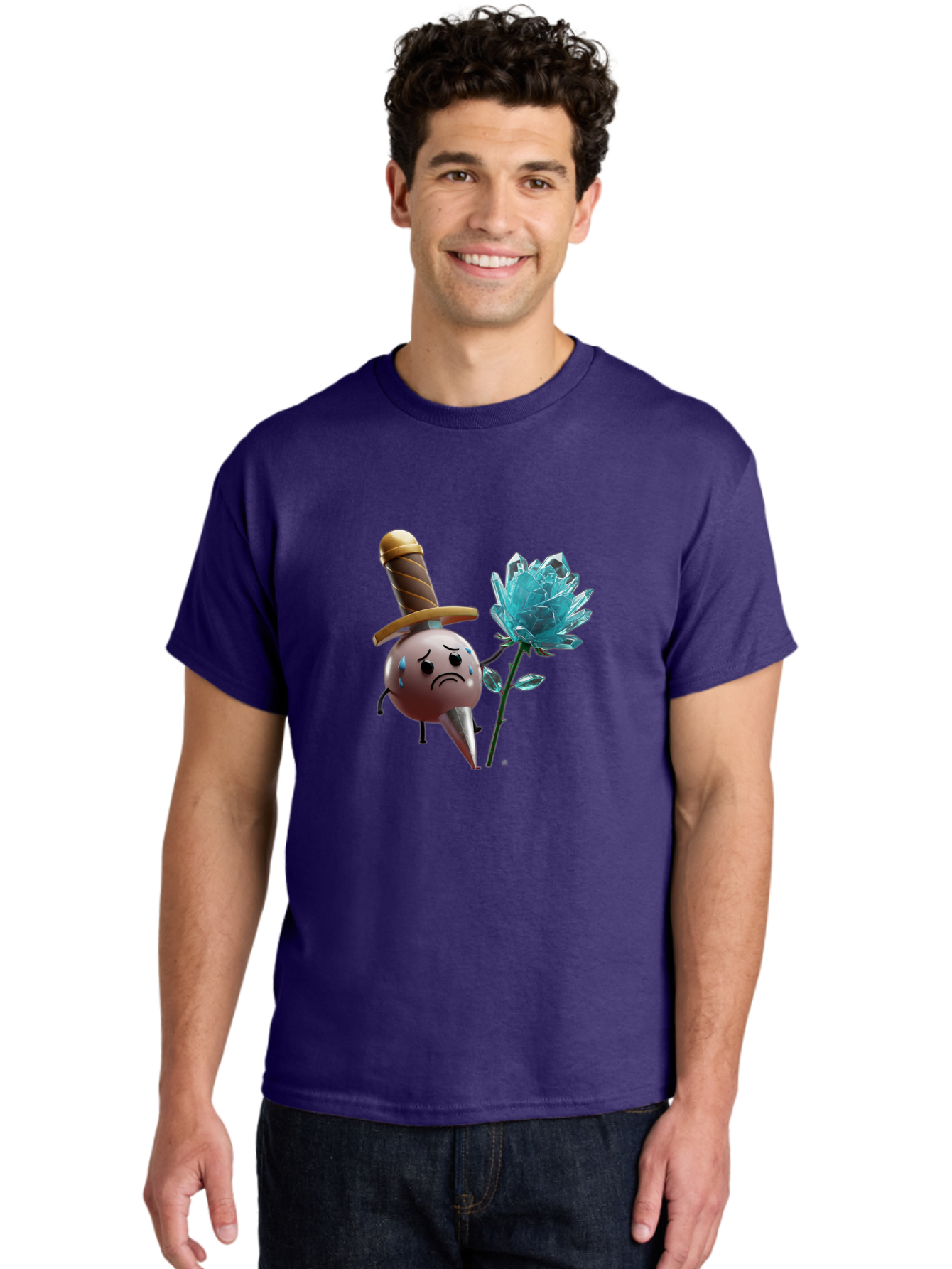 Sad-Bullet-Kin-With-Crystal-Flower Men'S Graphic Tee, 100% Cotton, Comfortable Casual Summer Wear, Machine Washable, Sad Bullet Kin, Crying Face, Blue Tears, Sword Hat, Crystal Flower, Cartoon Character, 3D Animation, Video Game Asset, Bae261