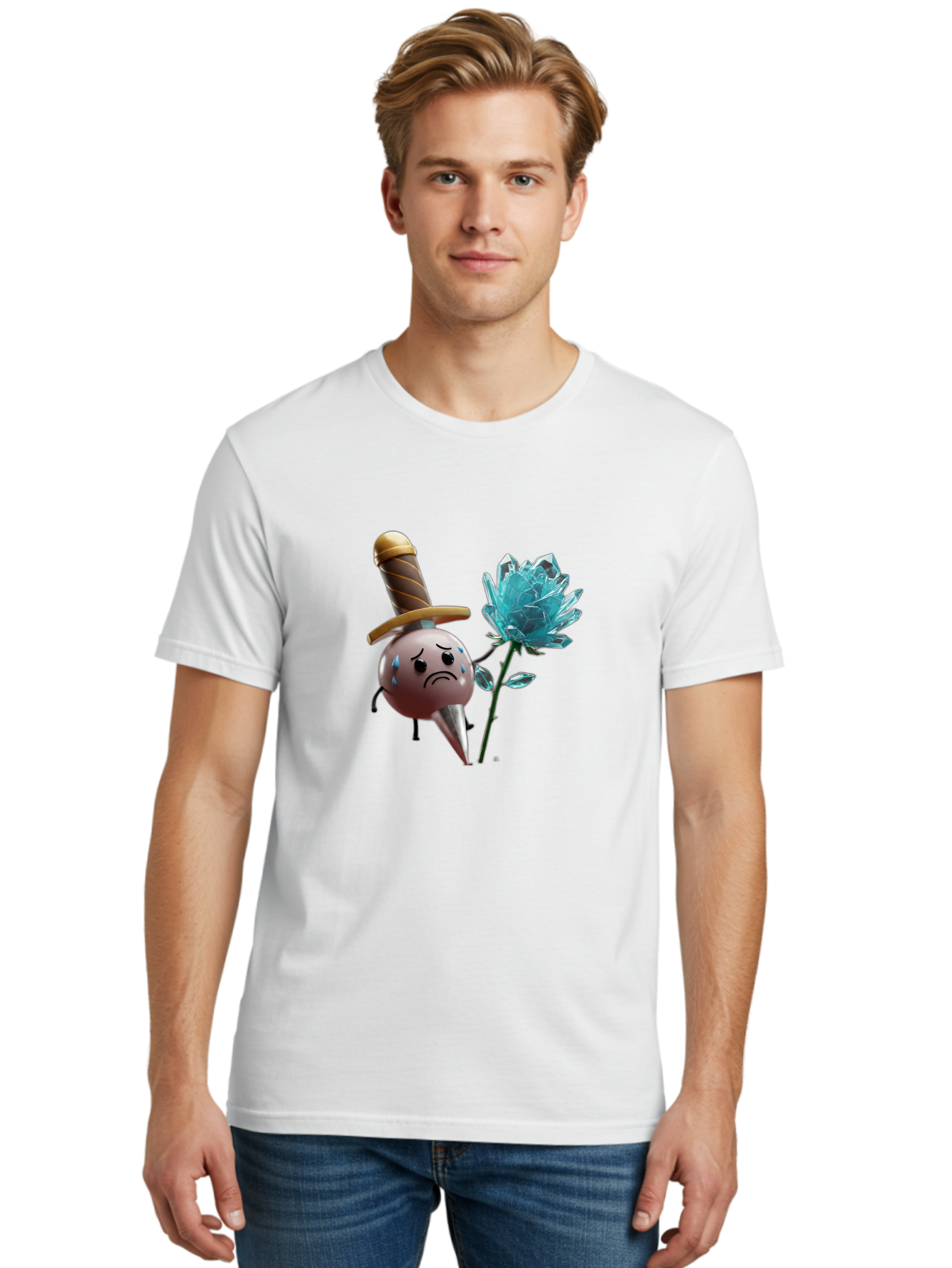Sad-Bullet-Kin-With-Crystal-Flower Men'S Graphic Tee, 100% Cotton, Comfortable Casual Summer Wear, Machine Washable, Sad Bullet Kin, Crying Face, Blue Tears, Sword Hat, Crystal Flower, Cartoon Character, 3D Animation, Video Game Asset, Bae261