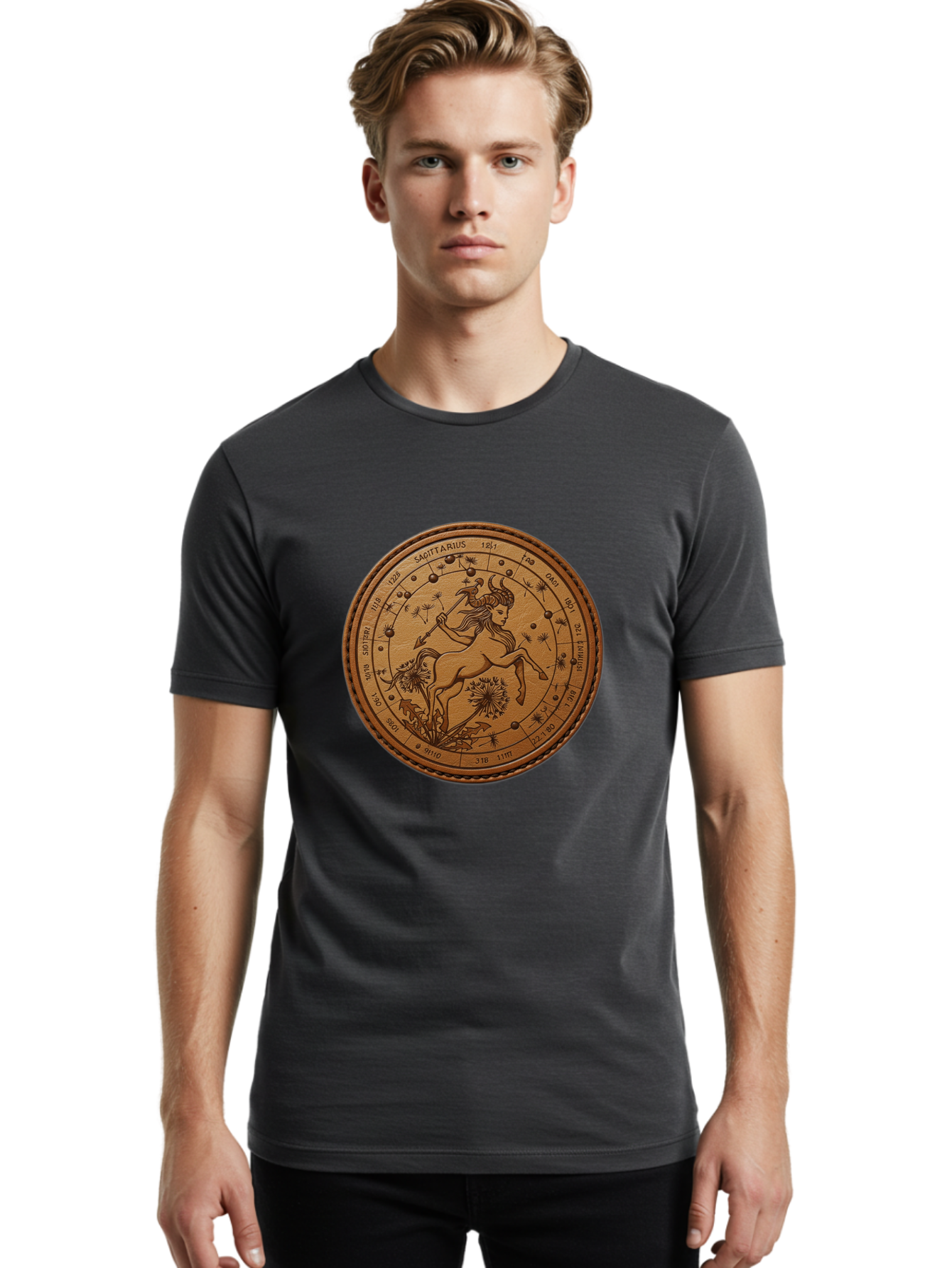 Sagittarius Men'S Graphic Tee, 100% Cotton, Comfortable Casual Summer Wear, Machine Washable, Sagittarius Zodiac Sign, Centaur Archer, Astrology Symbol, Horoscope Illustration, Dandelion Flowers, Celestial Map, Ancient Mythology, Mystical Art Bae263